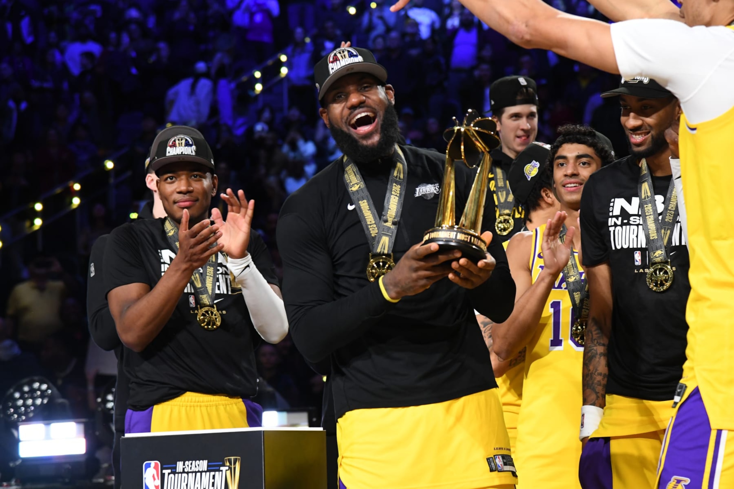 LAS VEGAS, NV - DECEMBER 9: LeBron James #23 of the Los Angeles Lakers receives the In-Season Tournament MVP Trophy after winning the In-Season Tournament Championship game against the Indiana Pacers on December 9, 2023 at T-Mobile Arena in Las Vegas, Nevada. NOTE TO USER: User expressly acknowledges and agrees that, by downloading and or using this photograph, User is consenting to the terms and conditions of the Getty Images License Agreement. Mandatory Copyright Notice: Copyright 2023 NBAE (Photo by Andrew D. Bernstein/NBAE via Getty Images)