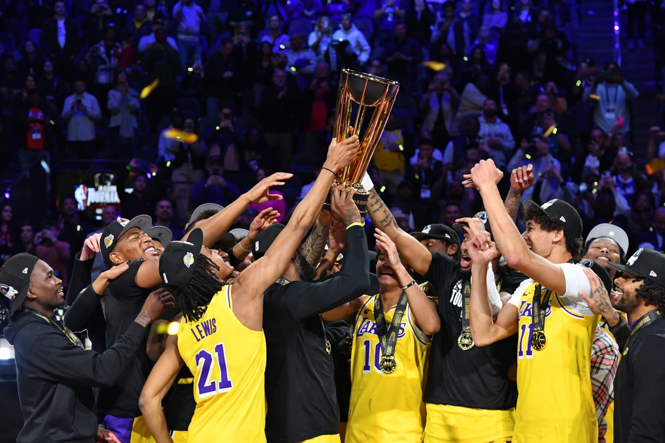 LAS VEGAS, NV - DECEMBER 9: The Los Angeles Lakers celebrate with the NBA Cup after winning the In-Season Tournament Championship game against the Indiana Pacers on December 9, 2023 at T-Mobile Arena in Las Vegas, Nevada. NOTE TO USER: User expressly acknowledges and agrees that, by downloading and or using this photograph, User is consenting to the terms and conditions of the Getty Images License Agreement. Mandatory Copyright Notice: Copyright 2023 NBAE (Photo by Juan Ocampo/NBAE via Getty Images) LAS VEGAS, NV - DECEMBER 9: The Los Angeles Lakers celebrate with the NBA Cup after winning the In-Season Tournament Championship game against the Indiana Pacers on December 9, 2023 at T-Mobile Arena in Las Vegas, Nevada. NOTE TO USER: User expressly acknowledges and agrees that, by downloading and or using this photograph, User is consenting to the terms and conditions of the Getty Images License Agreement. Mandatory Copyright Notice: Copyright 2023 NBAE (Photo by Juan Ocampo/NBAE via Getty Images)