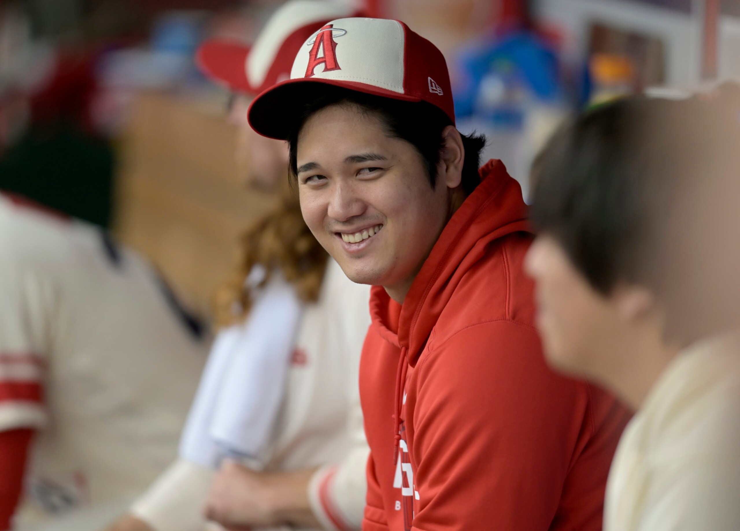 ANAHEIM, CALIFORNIA - SEPTEMBER 17: Shohei Ohtani #17 of the Los Angeles Angels in the dugout while playing the Detroit Tigers  at Angel Stadium of Anaheim on September 17, 2023 in Anaheim, California. (Photo by John McCoy/Getty Images)