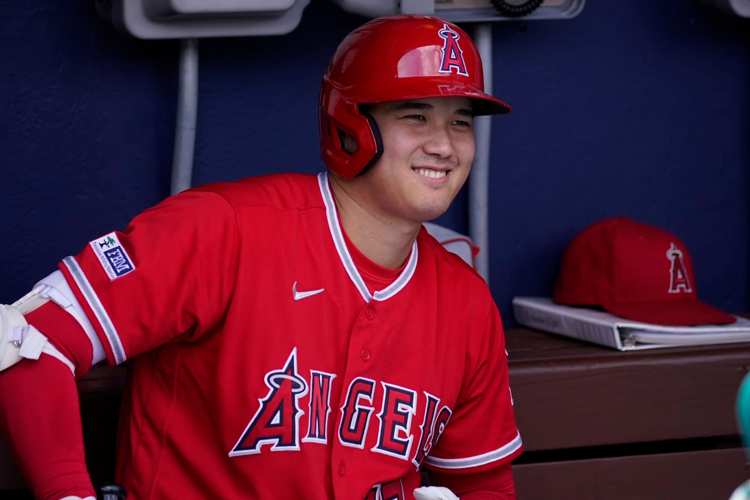 FILE - Los Angeles Angels' Shohei Ohtani smiles before a baseball game, Wednesday, Aug. 30, 2023, in Philadelphia. Shohei Ohtani is a favorite to win his second AL Most Valuable Player award, Thursday, Nov. 16, 2023, and is likely to speak publicly since tearing an elbow ligament on Aug. 9, an injury that required surgery and will keep him off the mound next year. (AP Photo/Matt Slocum, File)