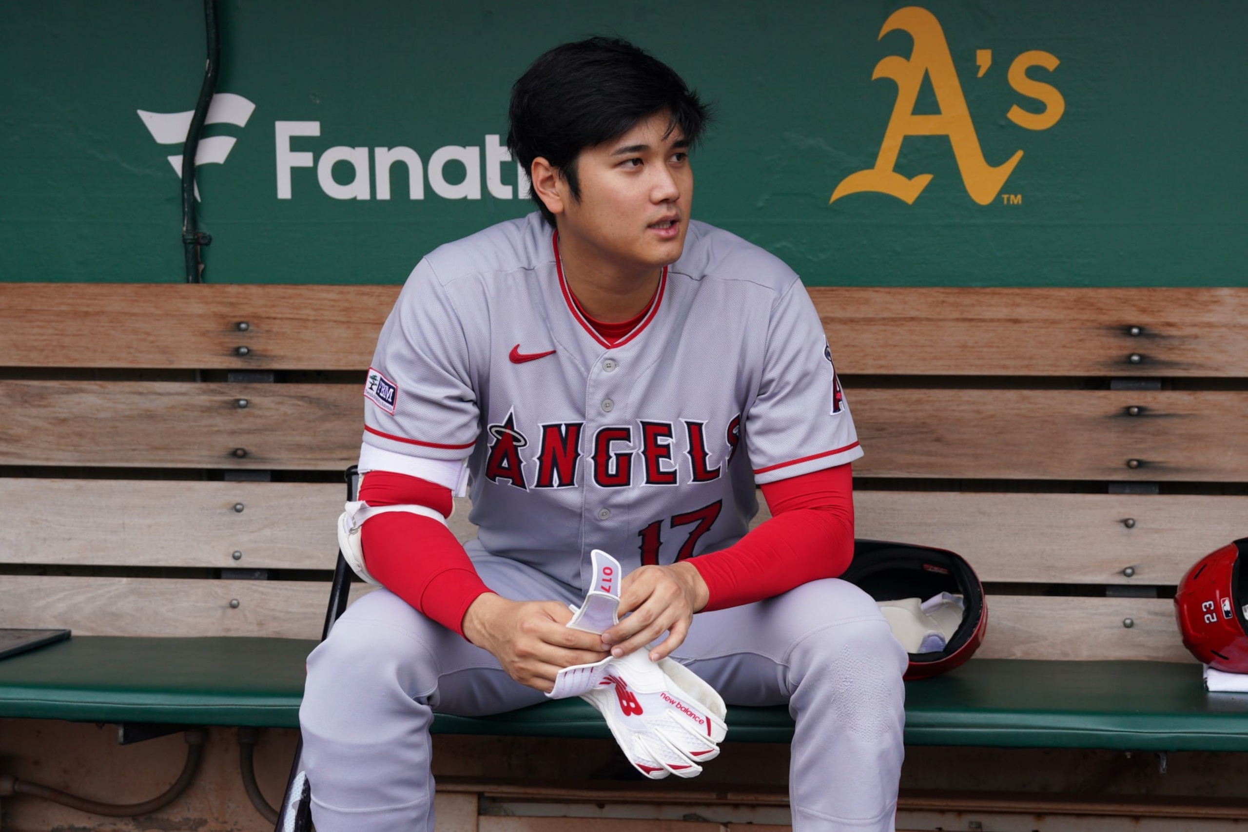 OAKLAND, CA - SEPTEMBER 02: Shohei Ohtani #17 of the Los Angeles Angels looks on prior to the game between the Los Angeles Angels and the Oakland Athletics at RingCentral Coliseum on Saturday, September 2, 2023 in Oakland, California. (Photo by Loren Elliott/MLB Photos via Getty Images)