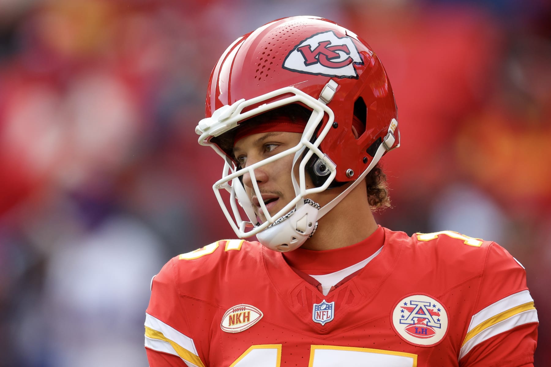 KANSAS CITY, MISSOURI - DECEMBER 10: Patrick Mahomes #15 of the Kansas City Chiefs looks on before the game against the Buffalo Bills at GEHA Field at Arrowhead Stadium on December 10, 2023 in Kansas City, Missouri. (Photo by Jamie Squire/Getty Images)