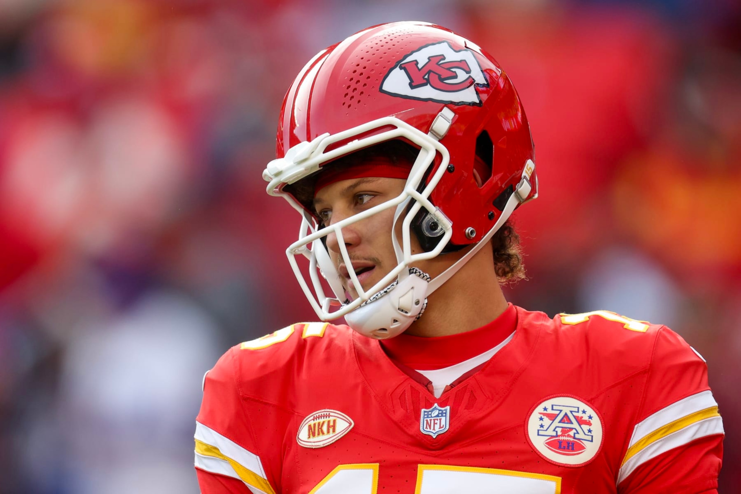 KANSAS CITY, MISSOURI - DECEMBER 10: Patrick Mahomes #15 of the Kansas City Chiefs looks on before the game against the Buffalo Bills at GEHA Field at Arrowhead Stadium on December 10, 2023 in Kansas City, Missouri. (Photo by Jamie Squire/Getty Images)