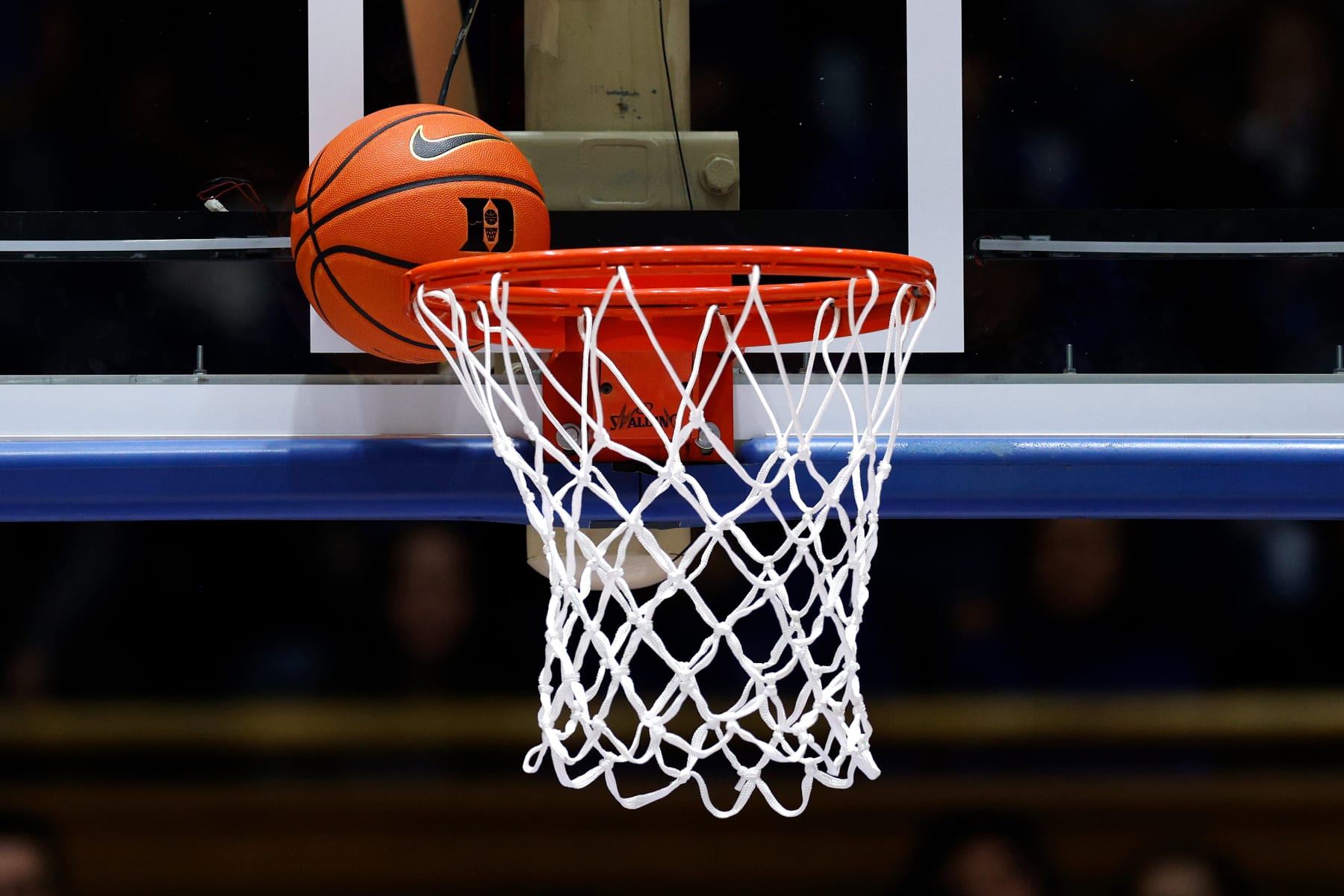 DURHAM, NORTH CAROLINA - NOVEMBER 24: The basketball is stuck against the backboard and rim during the game between the Southern Indiana Screaming Eagles and the Duke Blue Devils at Cameron Indoor Stadium on November 24, 2023 in Durham, North Carolina. Duke won 80-62. (Photo by Lance King/Getty Images)