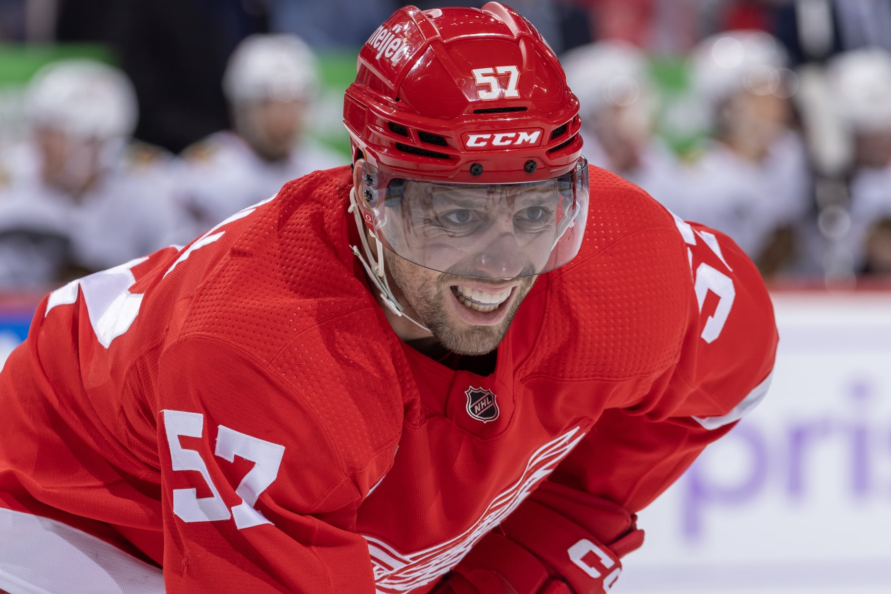 DETROIT, MI - NOVEMBER 30: David Perron #57 of the Detroit Red Wings gets set for the face-off against the Chicago Blackhawks during the third period at Little Caesars Arena on November 30, 2023 in Detroit, Michigan. Detroit defeated Chicago 5-1. (Photo by Dave Reginek/NHLI via Getty Images) DETROIT, MI - NOVEMBER 30: David Perron #57 of the Detroit Red Wings gets set for the face-off against the Chicago Blackhawks during the third period at Little Caesars Arena on November 30, 2023 in Detroit, Michigan. Detroit defeated Chicago 5-1. (Photo by Dave Reginek/NHLI via Getty Images)