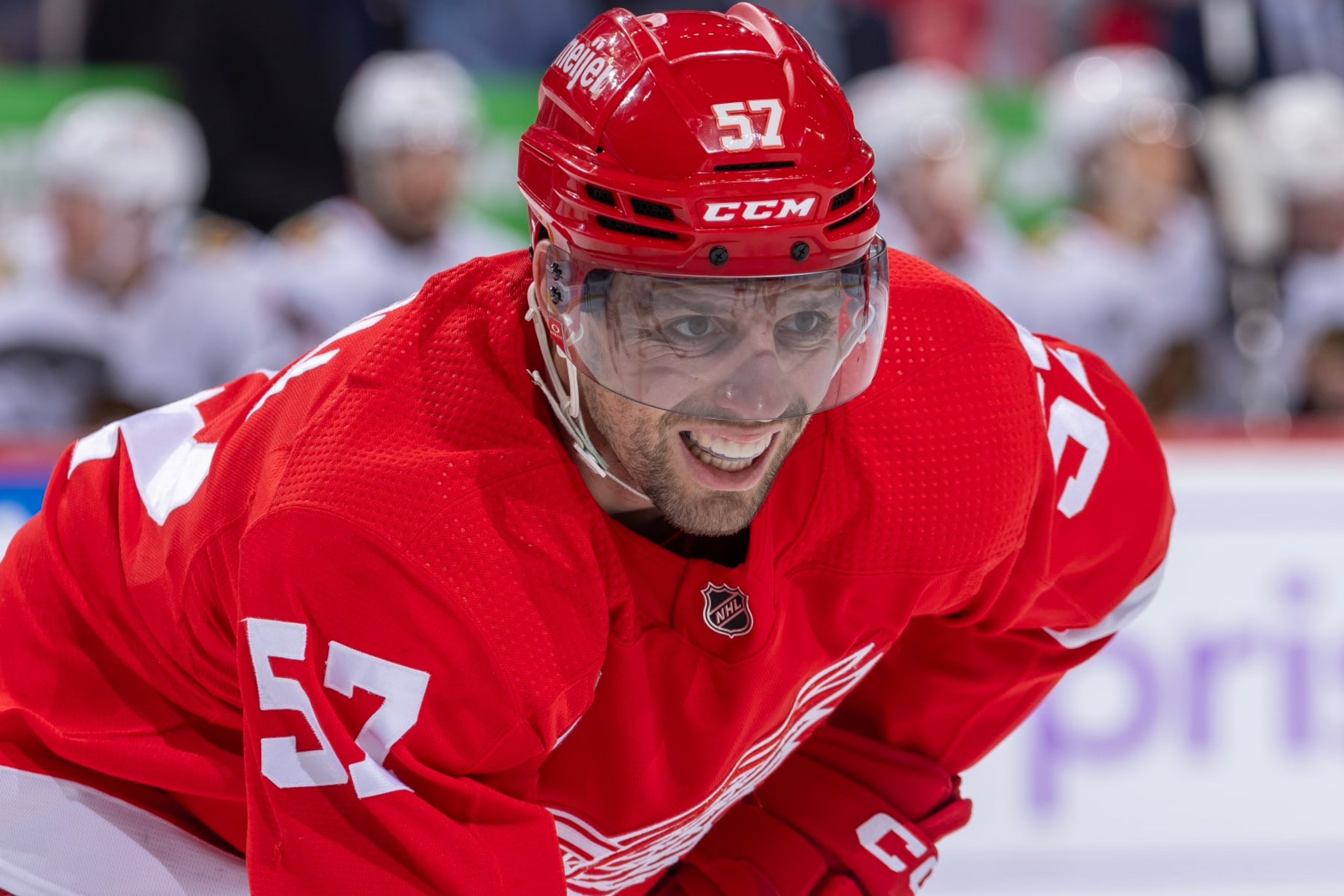 DETROIT, MI - NOVEMBER 30: David Perron #57 of the Detroit Red Wings gets set for the face-off against the Chicago Blackhawks during the third period at Little Caesars Arena on November 30, 2023 in Detroit, Michigan. Detroit defeated Chicago 5-1. (Photo by Dave Reginek/NHLI via Getty Images) DETROIT, MI - NOVEMBER 30: David Perron #57 of the Detroit Red Wings gets set for the face-off against the Chicago Blackhawks during the third period at Little Caesars Arena on November 30, 2023 in Detroit, Michigan. Detroit defeated Chicago 5-1. (Photo by Dave Reginek/NHLI via Getty Images)