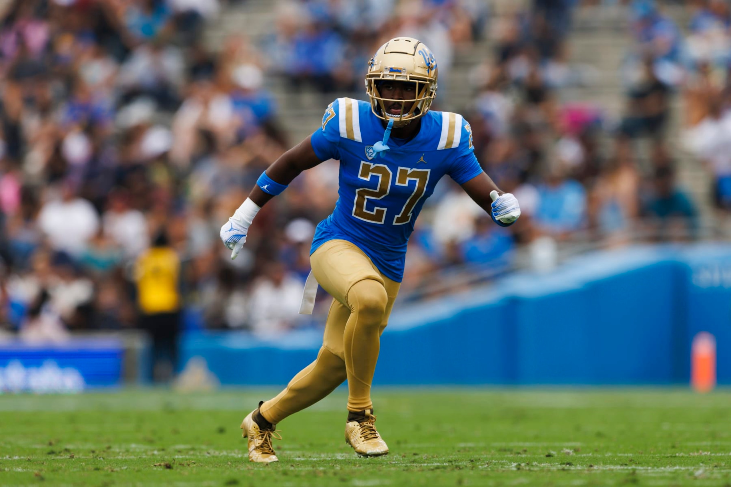 PASADENA, CA - SEPTEMBER 16: UCLA Bruins defensive back Kamari Ramsey (27) defends in coverage during a college football game against North Carolina Central Eagles on September 16, 2023 at Rose Bowl Stadium in Pasadena, CA. (Photo by Ric Tapia/Icon Sportswire via Getty Images)