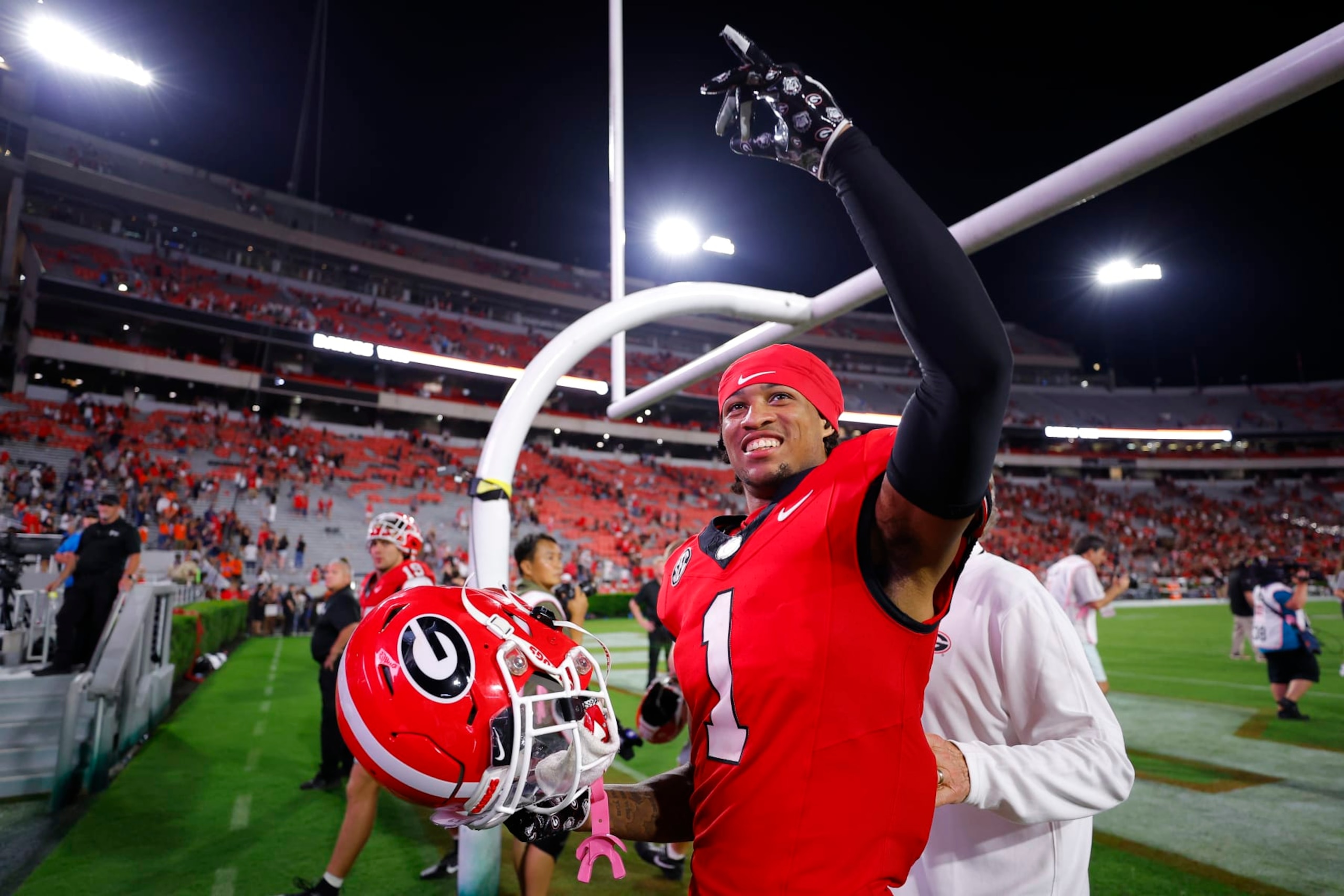 ATHENS, GEORGIA - SEPTEMBER 2: Nyland Green #1 of the Georgia Bulldogs celebrates the victory against the Tennessee Martin Skyhawks at Sanford Stadium on September 2, 2023 in Athens, Georgia. (Photo by Todd Kirkland/Getty Images)
