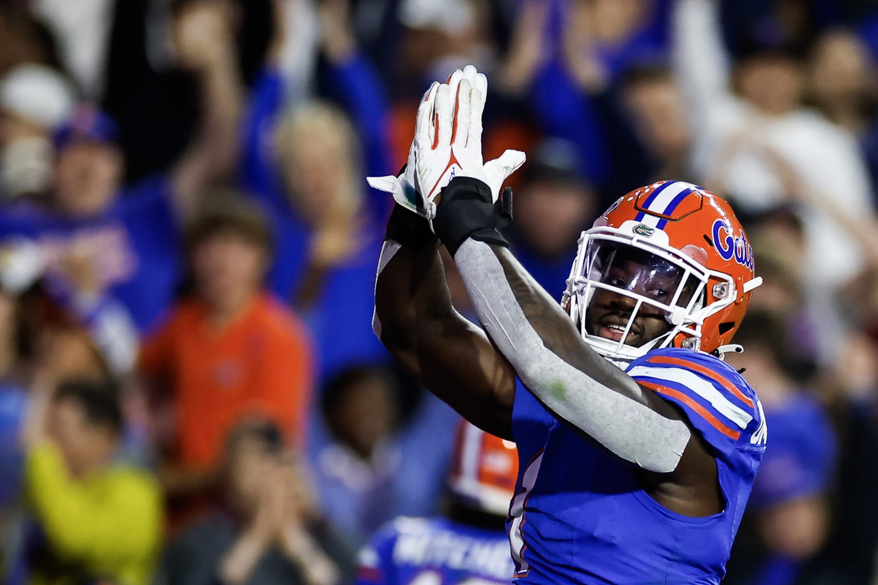 GAINESVILLE, FLORIDA - NOVEMBER 25: Princely Umanmielen #1 of the Florida Gators celebrates a safety during the first half of a game against the Florida State Seminoles at Ben Hill Griffin Stadium on November 25, 2023 in Gainesville, Florida. (Photo by James Gilbert/Getty Images)