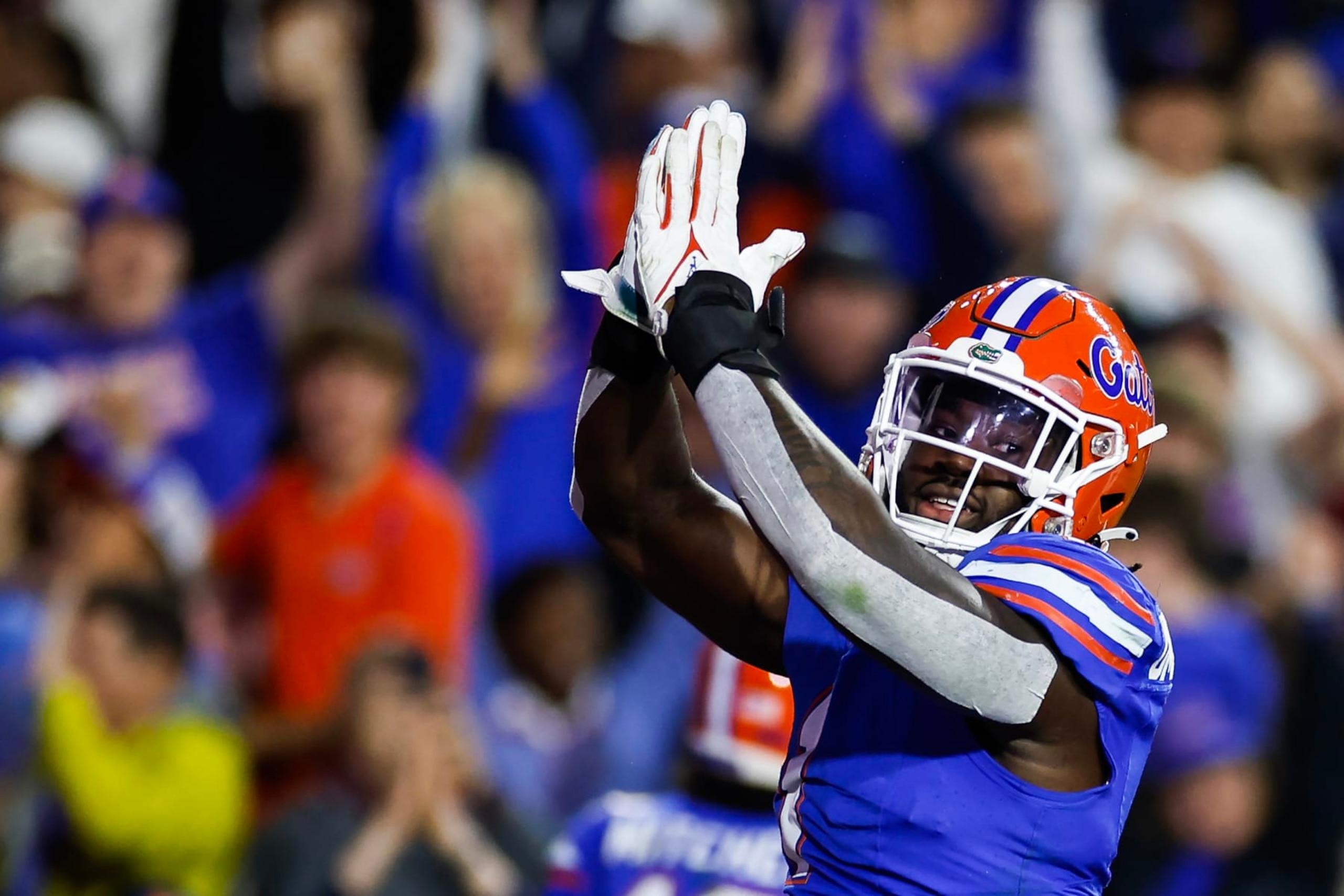GAINESVILLE, FLORIDA - NOVEMBER 25: Princely Umanmielen #1 of the Florida Gators celebrates a safety during the first half of a game against the Florida State Seminoles at Ben Hill Griffin Stadium on November 25, 2023 in Gainesville, Florida. (Photo by James Gilbert/Getty Images)