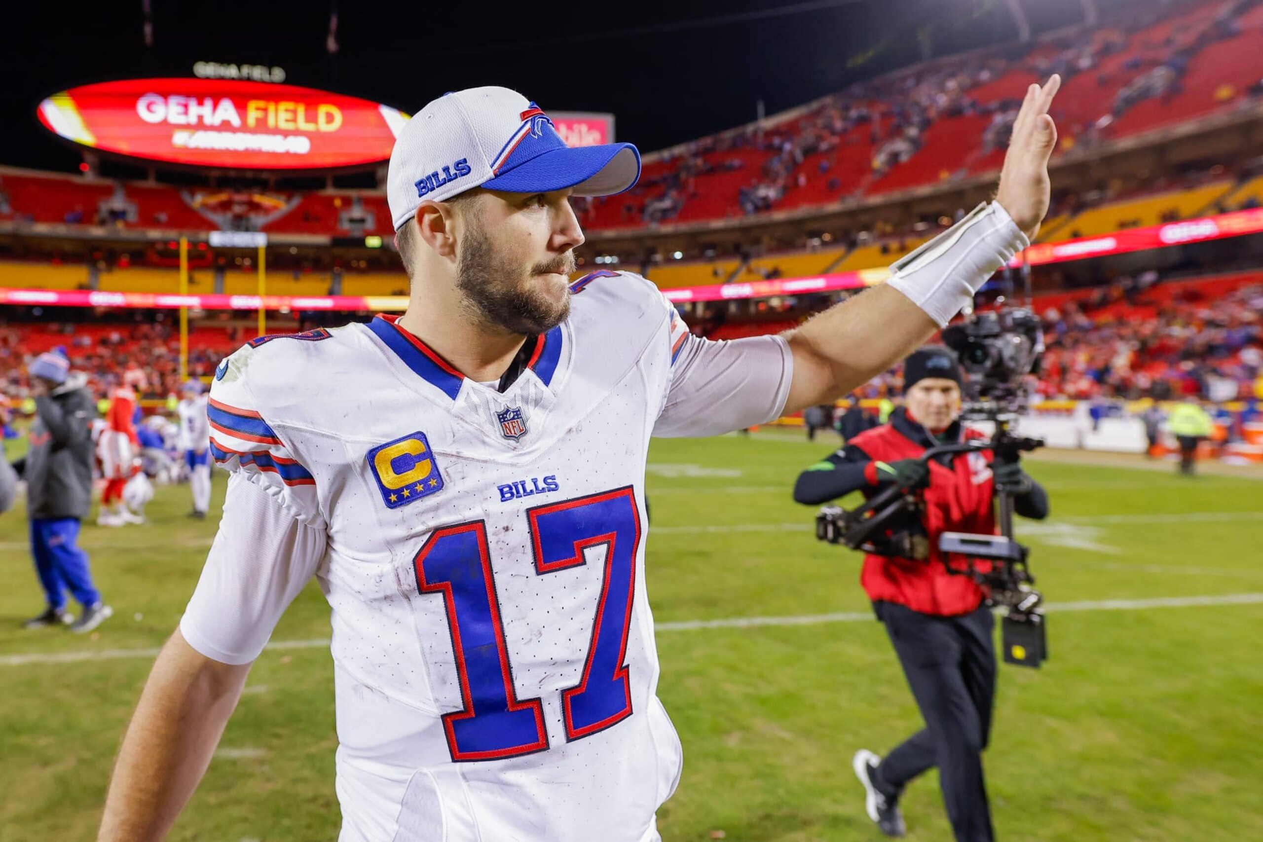KANSAS CITY, MISSOURI - DECEMBER 10: Josh Allen #17 of the Buffalo Bills reacts after the game against the Kansas City Chiefs at GEHA Field at Arrowhead Stadium on December 10, 2023 in Kansas City, Missouri. (Photo by David Eulitt/Getty Images)