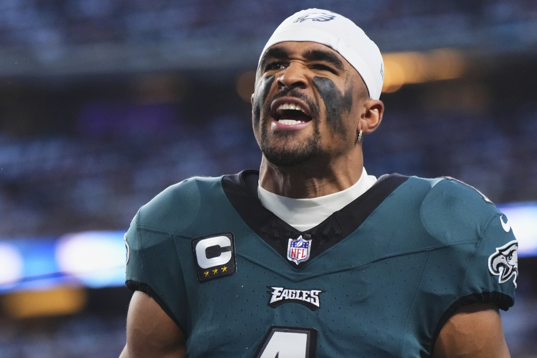 ARLINGTON, TX - DECEMBER 10: Jalen Hurts #1 of the Philadelphia Eagles yells before kickoff against the Dallas Cowboys at AT&T Stadium on December 10, 2023 in Arlington, Texas. (Photo by Cooper Neill/Getty Images)
