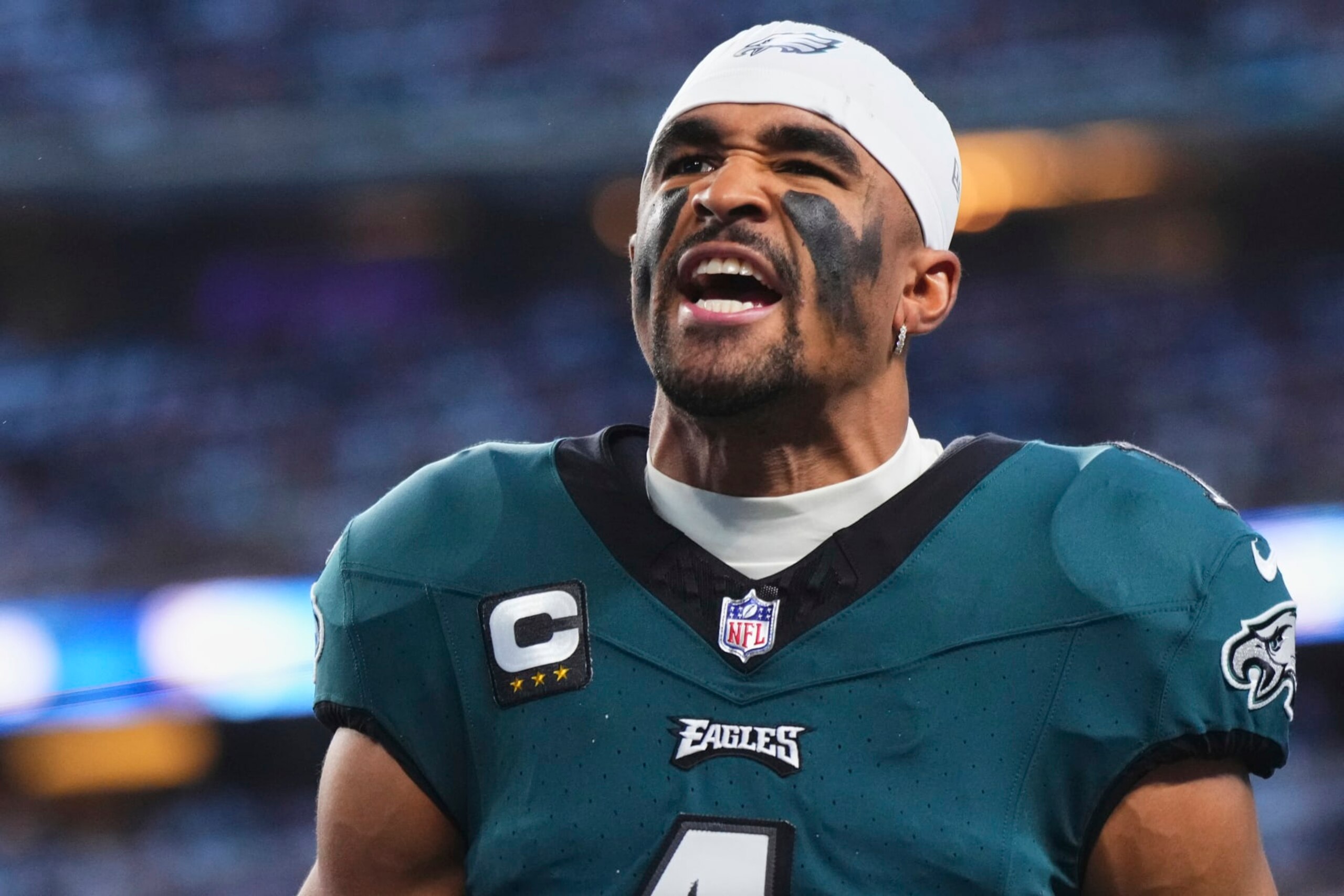 ARLINGTON, TX - DECEMBER 10: Jalen Hurts #1 of the Philadelphia Eagles yells before kickoff against the Dallas Cowboys at AT&T Stadium on December 10, 2023 in Arlington, Texas. (Photo by Cooper Neill/Getty Images)