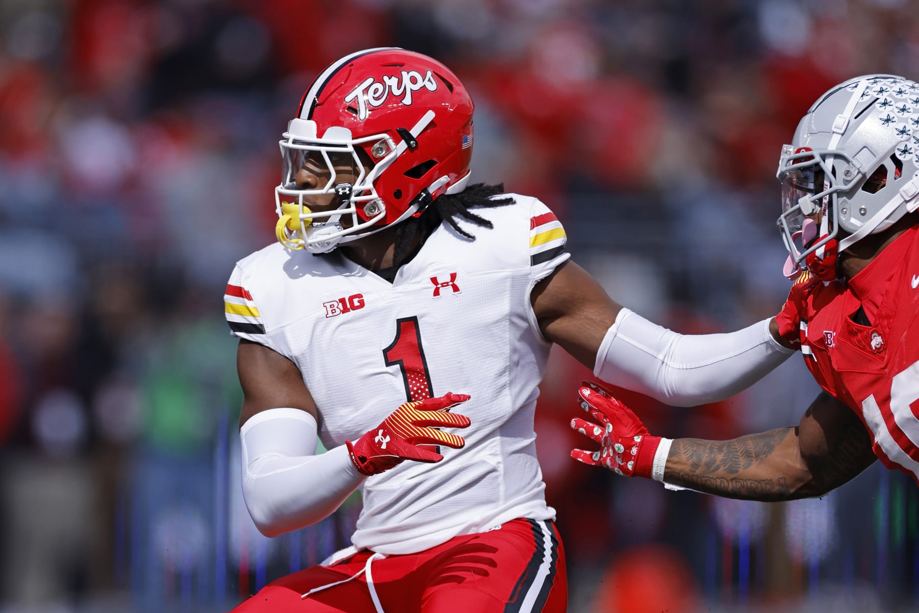 COLUMBUS, OH - OCTOBER 07: Maryland Terrapins linebacker Jaishawn Barham (1) tries to fight past a block during a college football game against the Ohio State Buckeyes on October 7, 2023 at Ohio Stadium in Columbus, Ohio. (Photo by Joe Robbins/Icon Sportswire via Getty Images)