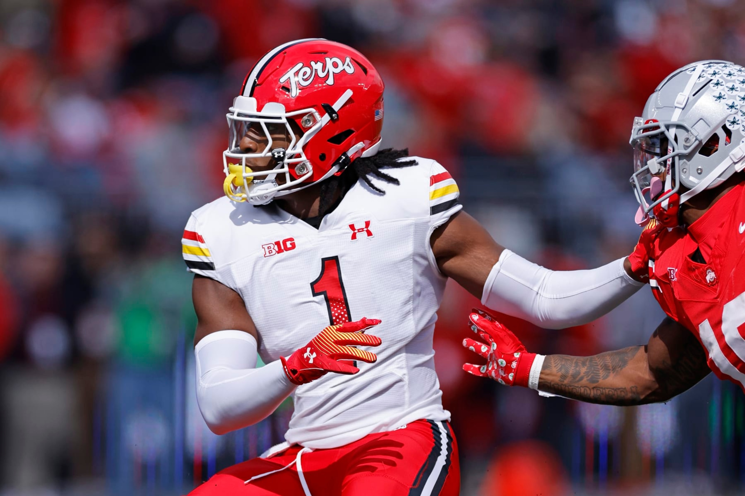 COLUMBUS, OH - OCTOBER 07: Maryland Terrapins linebacker Jaishawn Barham (1) tries to fight past a block during a college football game against the Ohio State Buckeyes on October 7, 2023 at Ohio Stadium in Columbus, Ohio. (Photo by Joe Robbins/Icon Sportswire via Getty Images)