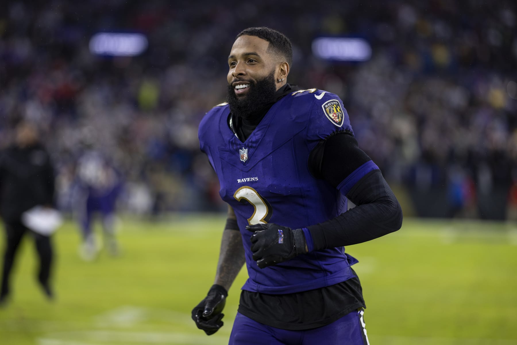BALTIMORE, MARYLAND - DECEMBER 10: Odell Beckham Jr. #3 of the Baltimore Ravens reacts following an NFL football game between the Baltimore Ravens and the Los Angeles Rams at M&T Bank Stadium on December 10, 2023 in Baltimore, Maryland. (Photo by Michael Owens/Getty Images)