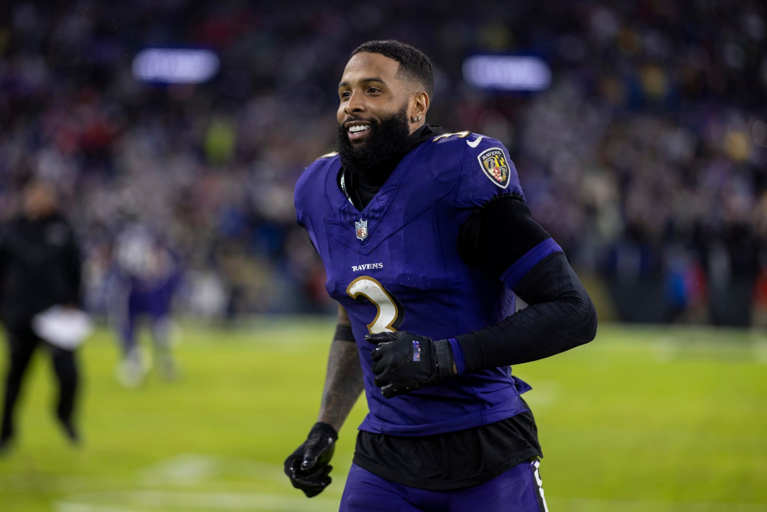 BALTIMORE, MARYLAND - DECEMBER 10: Odell Beckham Jr. #3 of the Baltimore Ravens reacts following an NFL football game between the Baltimore Ravens and the Los Angeles Rams at M&T Bank Stadium on December 10, 2023 in Baltimore, Maryland. (Photo by Michael Owens/Getty Images) BALTIMORE, MARYLAND - DECEMBER 10: Odell Beckham Jr. #3 of the Baltimore Ravens reacts following an NFL football game between the Baltimore Ravens and the Los Angeles Rams at M&T Bank Stadium on December 10, 2023 in Baltimore, Maryland. (Photo by Michael Owens/Getty Images)