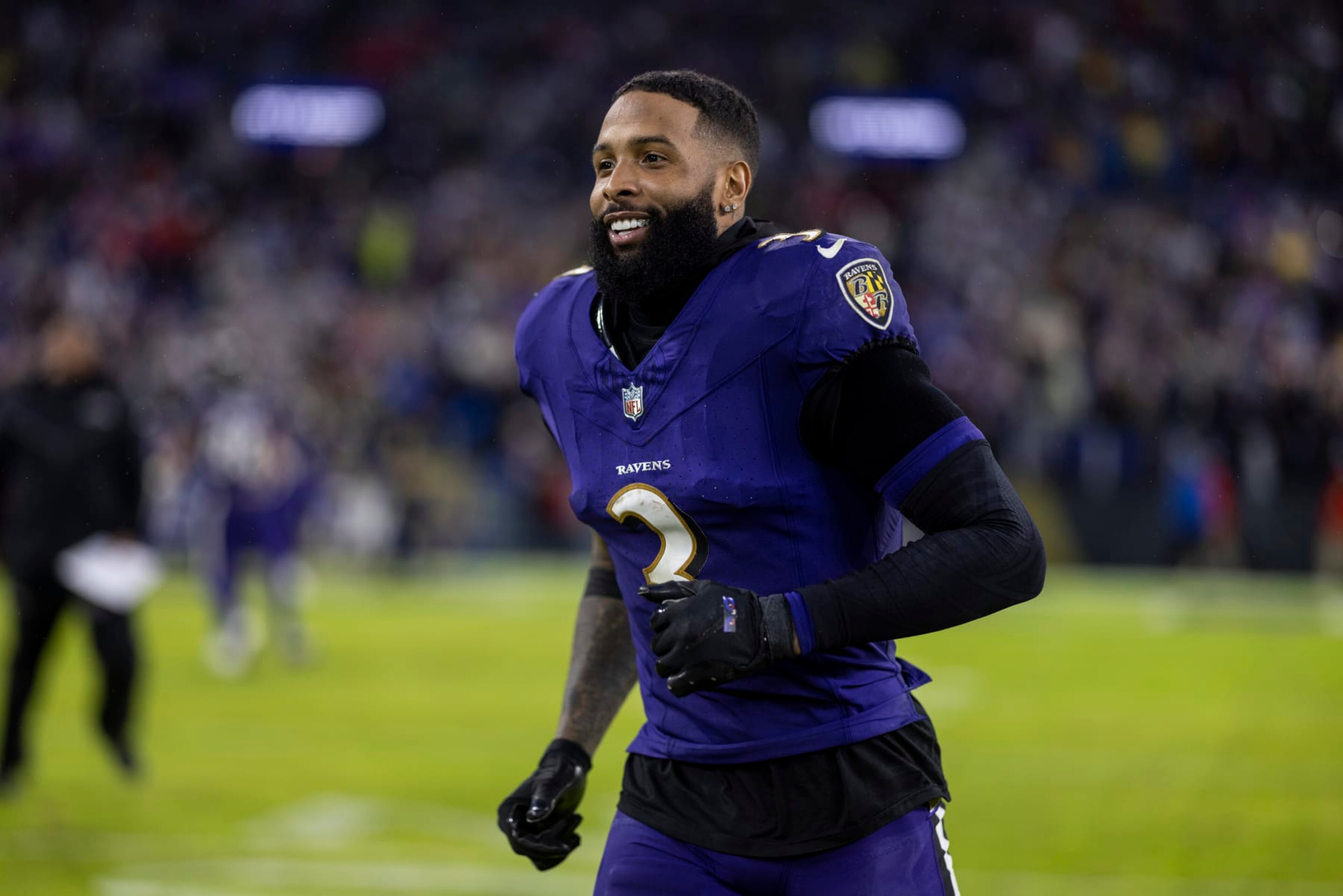 BALTIMORE, MARYLAND - DECEMBER 10: Odell Beckham Jr. #3 of the Baltimore Ravens reacts following an NFL football game between the Baltimore Ravens and the Los Angeles Rams at M&T Bank Stadium on December 10, 2023 in Baltimore, Maryland. (Photo by Michael Owens/Getty Images)