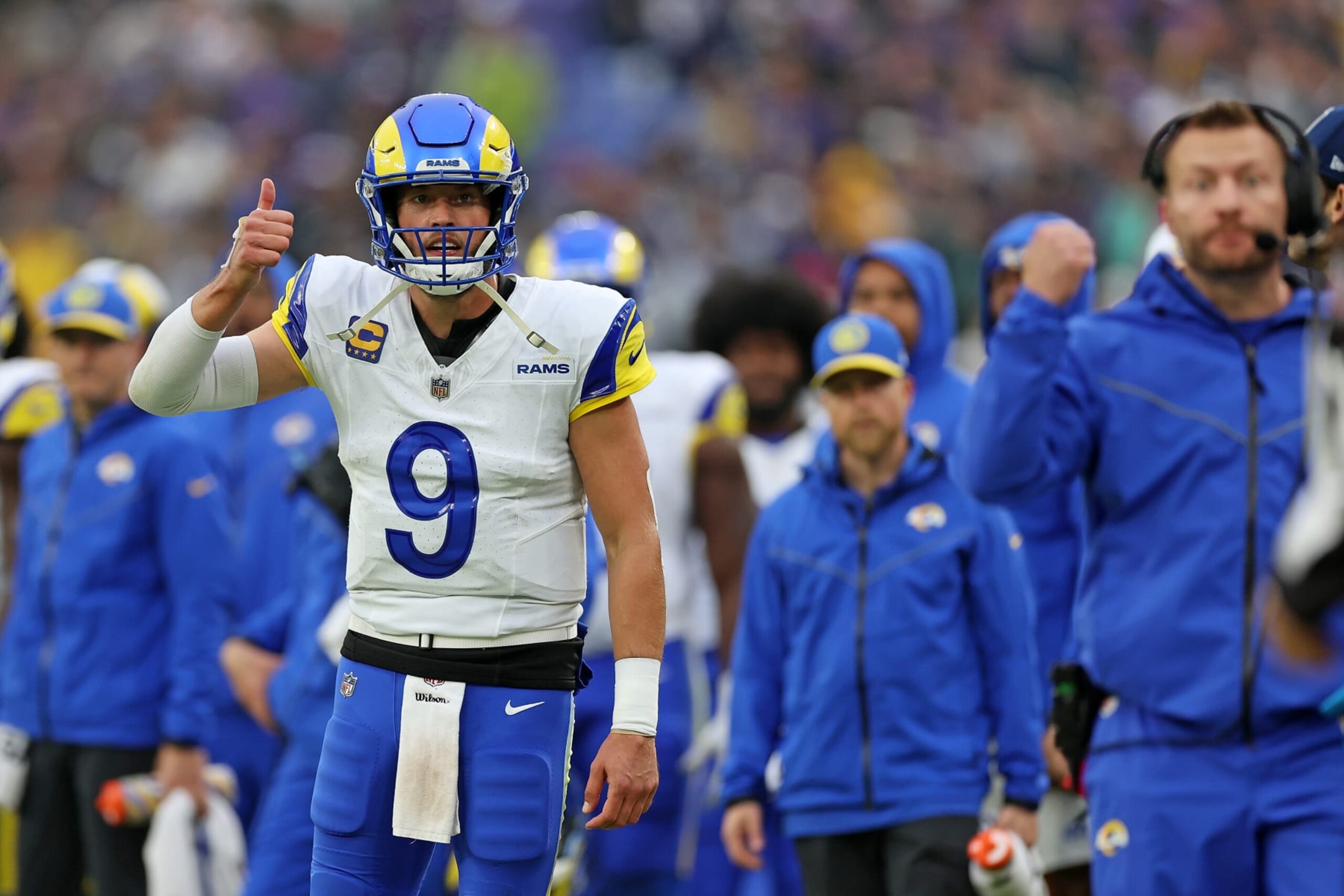 BALTIMORE, MARYLAND - DECEMBER 10: Matthew Stafford #9 of the Los Angeles Rams gestures to the official after throwing a touchdown pass during the second quarter in the game against Baltimore Ravens at M&T Bank Stadium on December 10, 2023 in Baltimore, Maryland. (Photo by Rob Carr/Getty Images) BALTIMORE, MARYLAND - DECEMBER 10: Matthew Stafford #9 of the Los Angeles Rams gestures to the official after throwing a touchdown pass during the second quarter in the game against Baltimore Ravens at M&T Bank Stadium on December 10, 2023 in Baltimore, Maryland. (Photo by Rob Carr/Getty Images)
