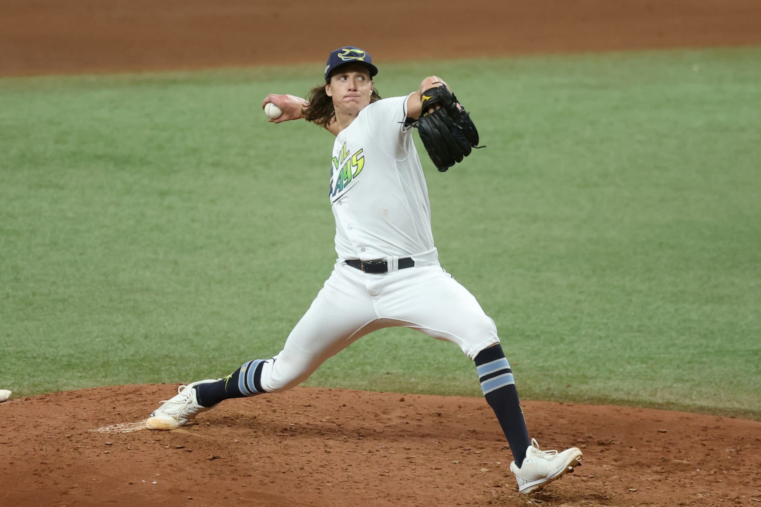 TAMPA, FL - OCTOBER 03: Tyler Glasnow #20 of the Tampa Bay Rays pitches during Game 1 of the Wild Card Series between the Texas Rangers and the Tampa Bay Rays at Tropicana Field on Tuesday, October 3, 2023 in Tampa, Florida. (Photo by Mike Carlson/MLB Photos via Getty Images)