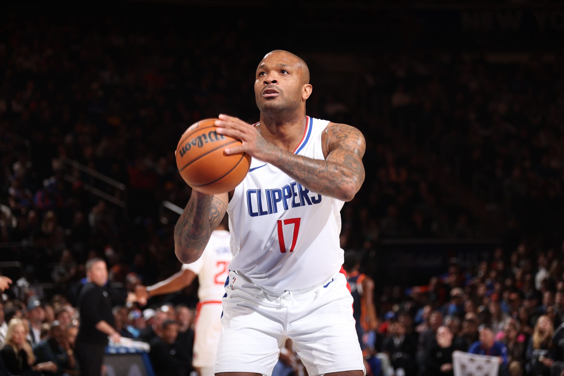 NEW YORK, NY - NOVEMBER 6: P.J. Tucker #17 of the LA Clippers shoots a free throw during the game against the New York Knicks on November 6, 2023 at Madison Square Garden in New York, NY. NOTE TO USER: User expressly acknowledges and agrees that, by downloading and or using this Photograph, user is consenting to the terms and conditions of the Getty Images License Agreement. Mandatory Copyright Notice: Copyright 2023 NBAE (Photo by Stephen Gosling/NBAE via Getty Images)