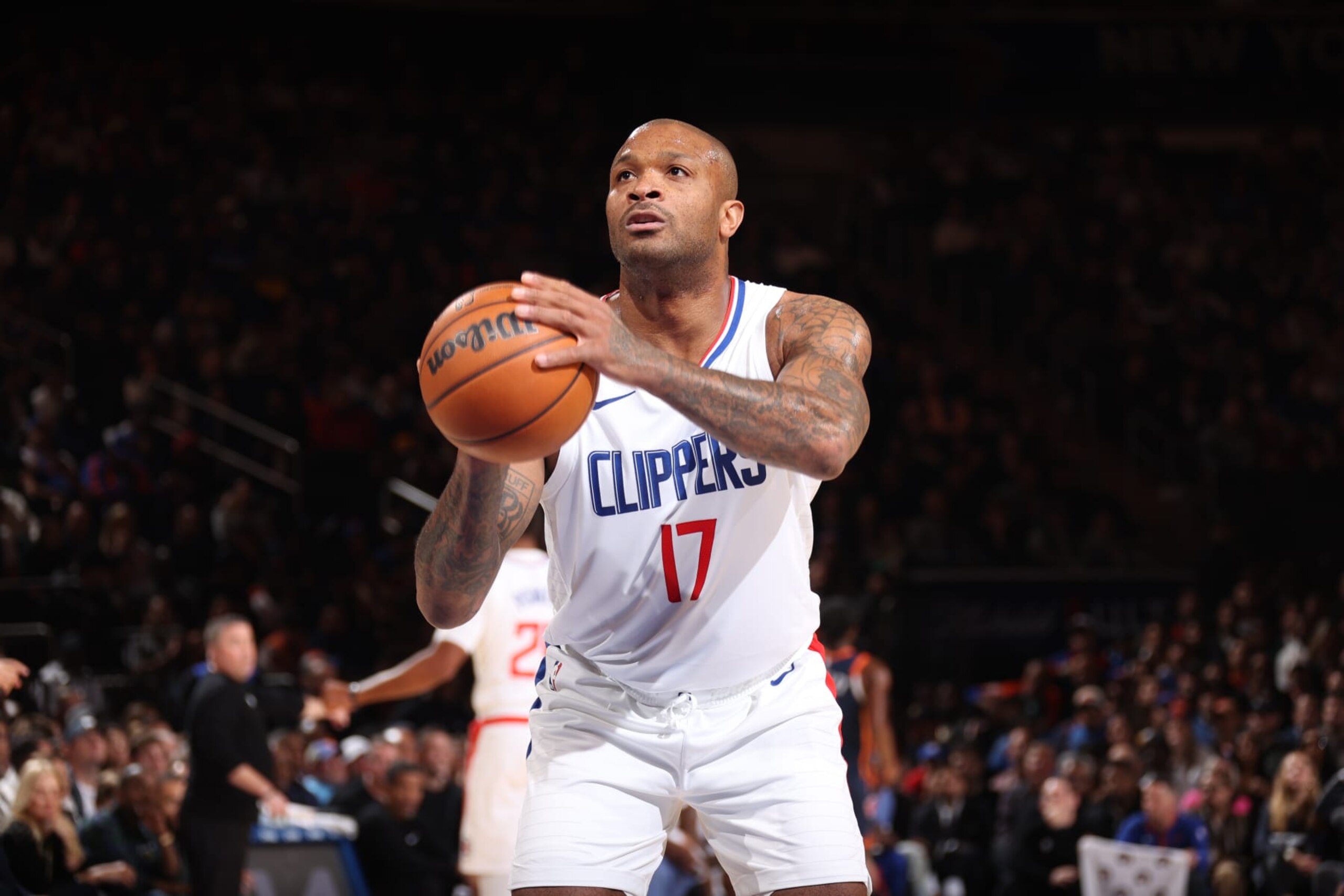NEW YORK, NY - NOVEMBER 6: P.J. Tucker #17 of the LA Clippers shoots a free throw during the game against the New York Knicks on November 6, 2023 at Madison Square Garden in New York, NY. NOTE TO USER: User expressly acknowledges and agrees that, by downloading and or using this Photograph, user is consenting to the terms and conditions of the Getty Images License Agreement. Mandatory Copyright Notice: Copyright 2023 NBAE (Photo by Stephen Gosling/NBAE via Getty Images)
