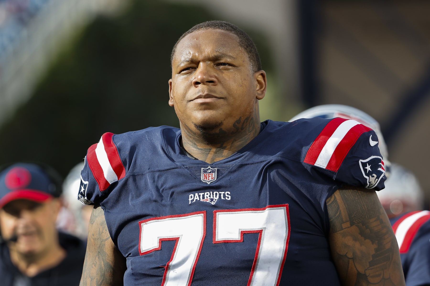 FOXBOROUGH, MA - OCTOBER 8: Trent Brown #77 of the New England Patriots along the sidelines against the New Orleans Saints during the game at Gillette Stadium on October 8, 2023 in Foxborough, Massachusetts.(Photo By Winslow Townson/Getty Images)