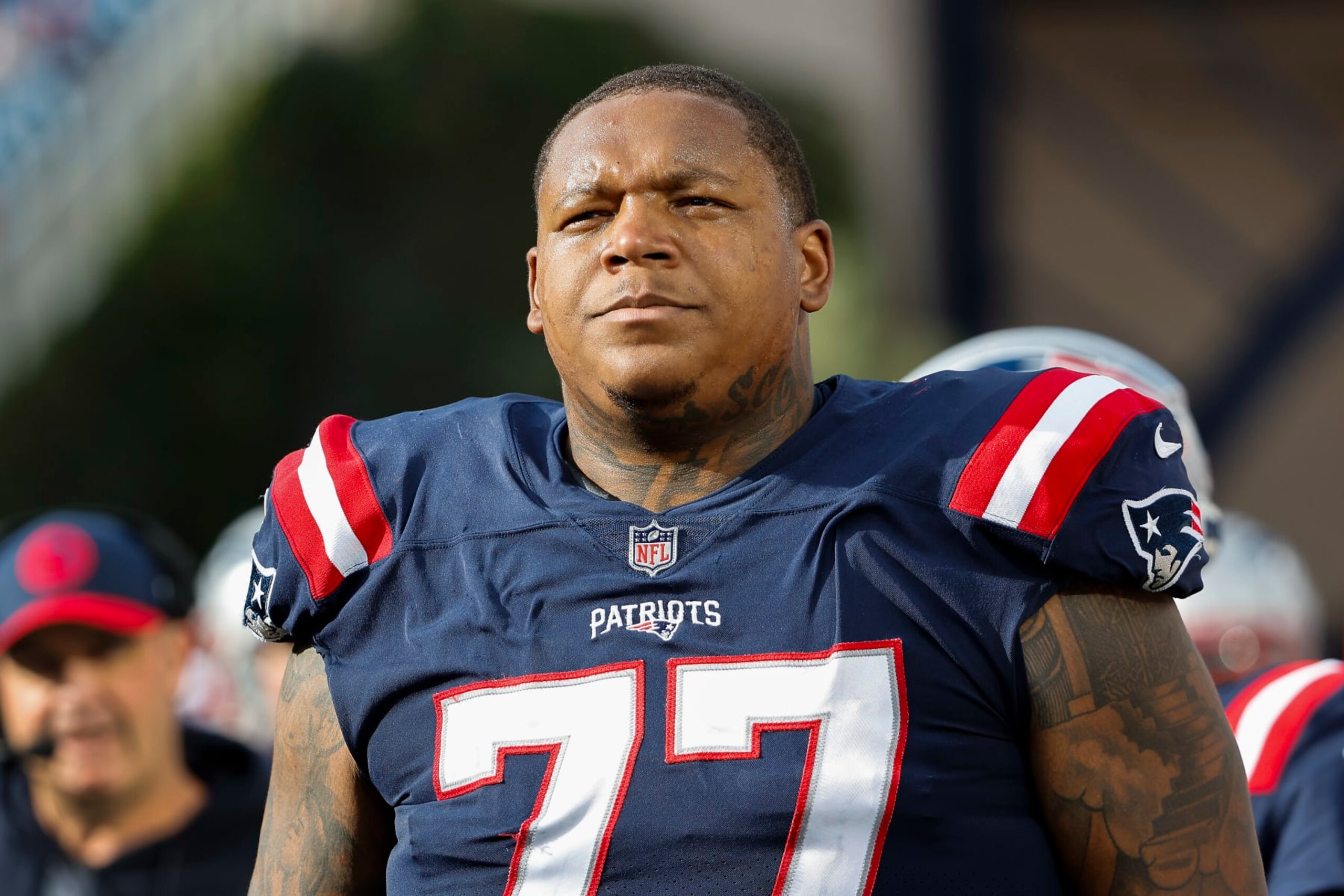 FOXBOROUGH, MA - OCTOBER 8: Trent Brown #77 of the New England Patriots along the sidelines against the New Orleans Saints during the game at Gillette Stadium on October 8, 2023 in Foxborough, Massachusetts.(Photo By Winslow Townson/Getty Images)