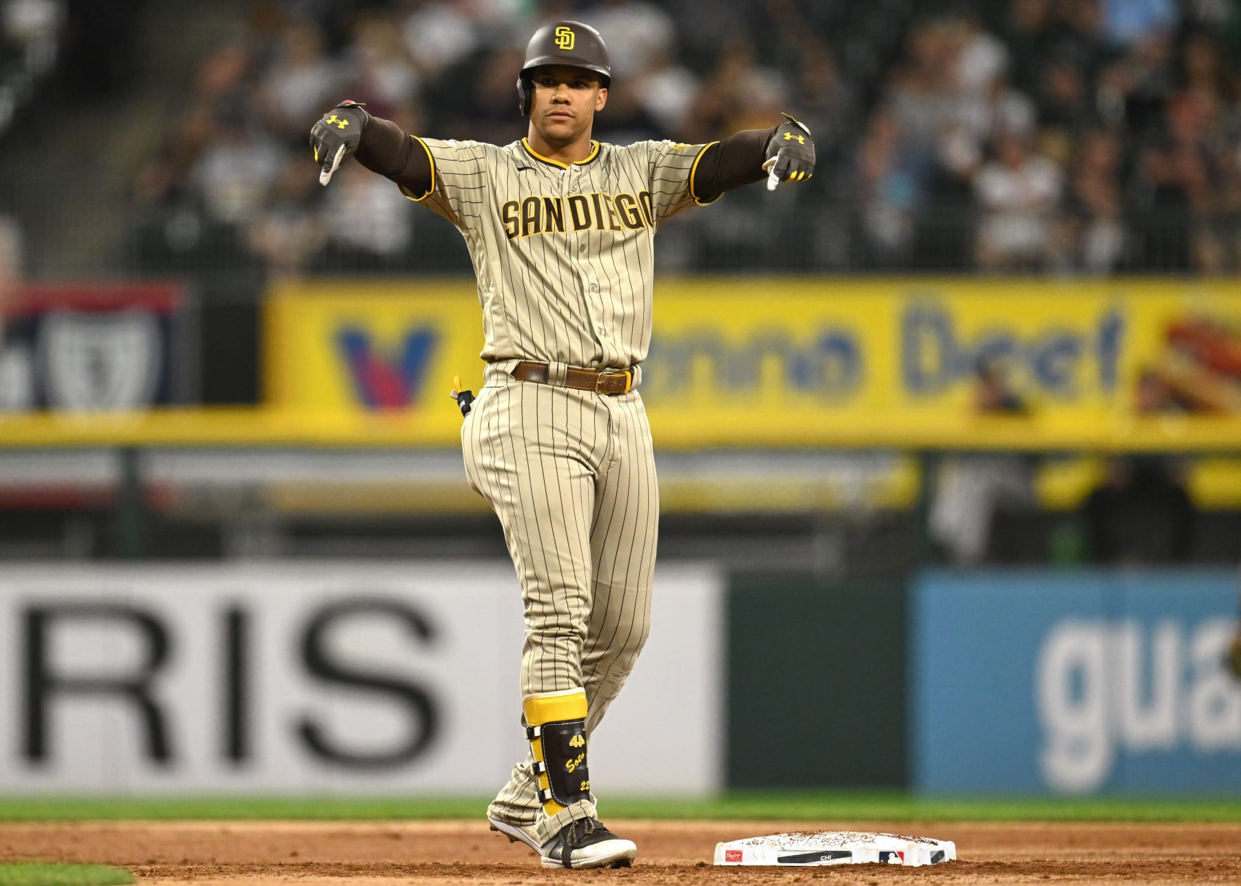 CHICAGO, ILLINOIS - SEPTEMBER 30: Juan Soto #22 of the San Diego Padres reacts after an RBI double in the second inning against the Chicago White Sox  at Guaranteed Rate Field on September 30, 2023 in Chicago, Illinois. (Photo by Quinn Harris/Getty Images)