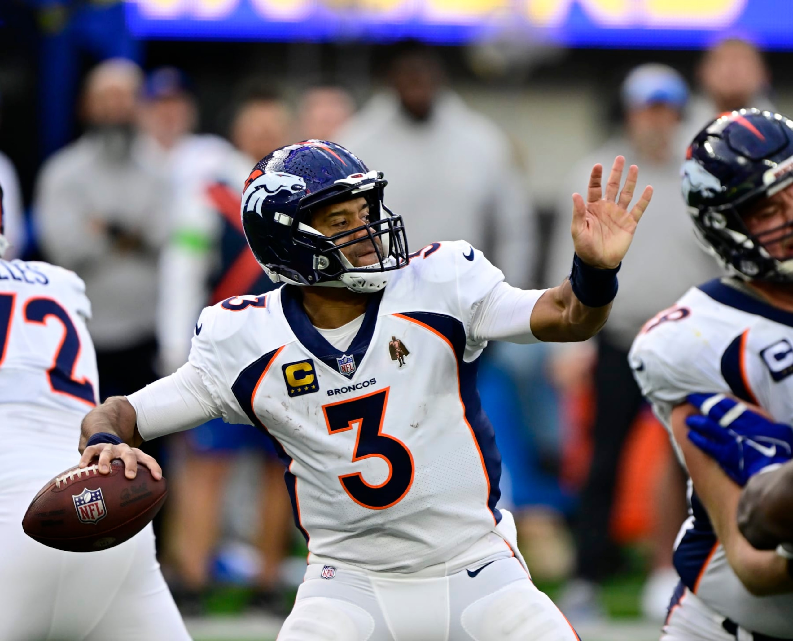 INGLEWOOD, CA - DECEMBER 10: Denver Broncos quarterback Russell Wilson (3) in the second quarter against the Los Angeles Chargers at SoFi Stadium in Inglewood, California Sunday December 10, 2023. (Photo by Andy Cross/MediaNews Group/The Denver Post via Getty Images)