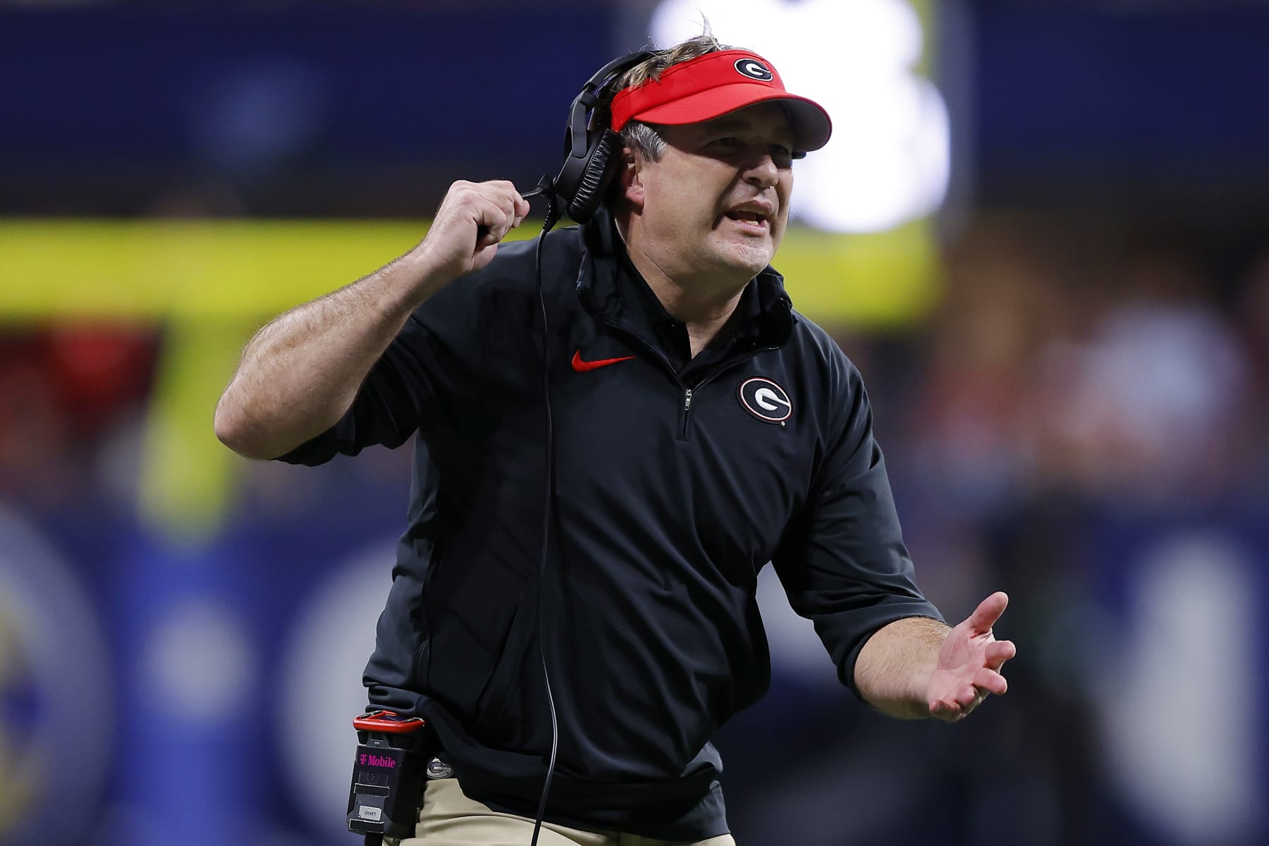 ATLANTA, GEORGIA - DECEMBER 02: Head coach Kirby Smart of the Georgia Bulldogs reacts to a play during the fourth quarter against the Alabama Crimson Tide in the SEC Championship at Mercedes-Benz Stadium on December 02, 2023 in Atlanta, Georgia. (Photo by Todd Kirkland/Getty Images)