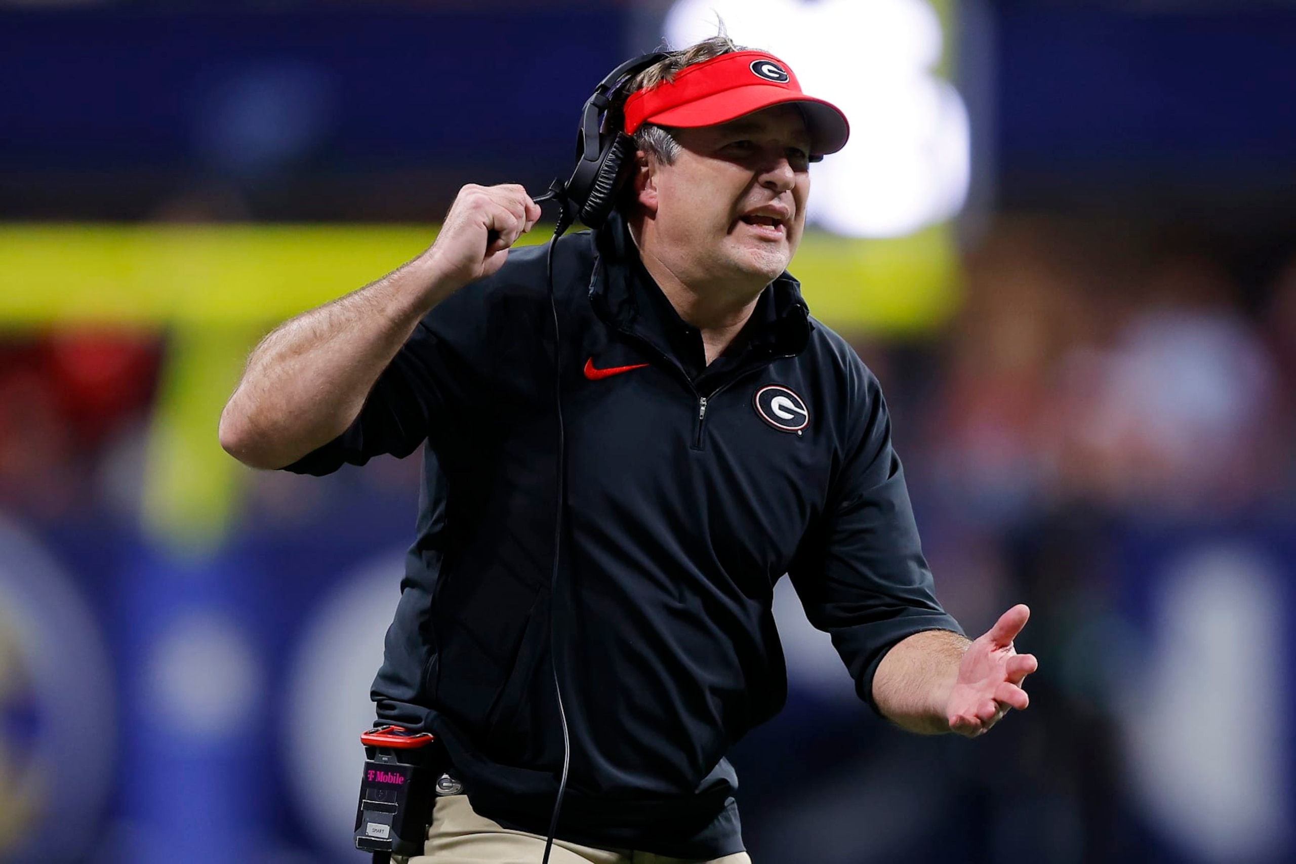 ATLANTA, GEORGIA - DECEMBER 02: Head coach Kirby Smart of the Georgia Bulldogs reacts to a play during the fourth quarter against the Alabama Crimson Tide in the SEC Championship at Mercedes-Benz Stadium on December 02, 2023 in Atlanta, Georgia. (Photo by Todd Kirkland/Getty Images)