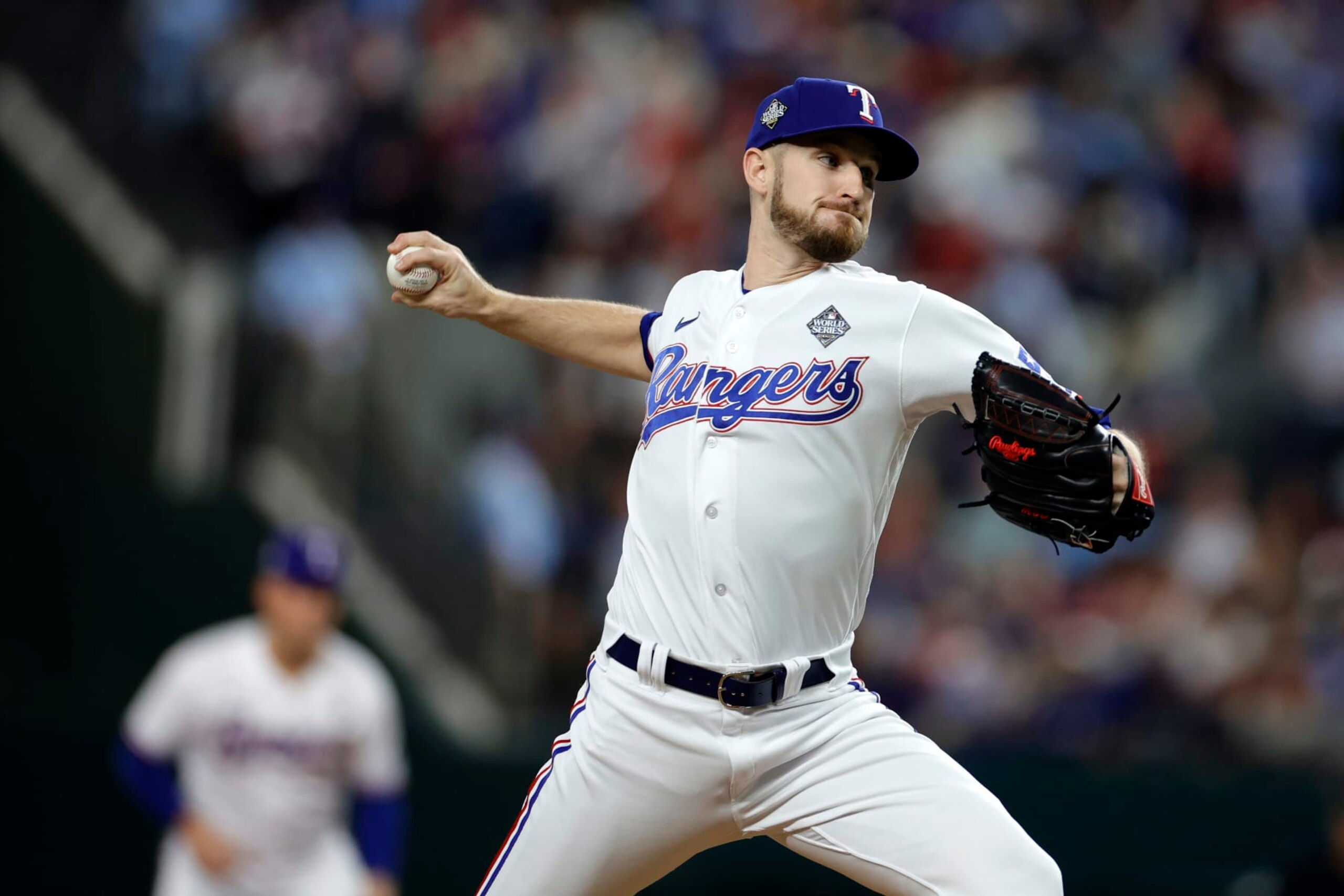 ARLINGTON, TEXAS - OCTOBER 28: Chris Stratton #35 of the Texas Rangers pitches in the eighth inning against the Arizona Diamondbacks during Game Two of the World Series at Globe Life Field on October 28, 2023 in Arlington, Texas. (Photo by Carmen Mandato/Getty Images) ARLINGTON, TEXAS - OCTOBER 28: Chris Stratton #35 of the Texas Rangers pitches in the eighth inning against the Arizona Diamondbacks during Game Two of the World Series at Globe Life Field on October 28, 2023 in Arlington, Texas. (Photo by Carmen Mandato/Getty Images)