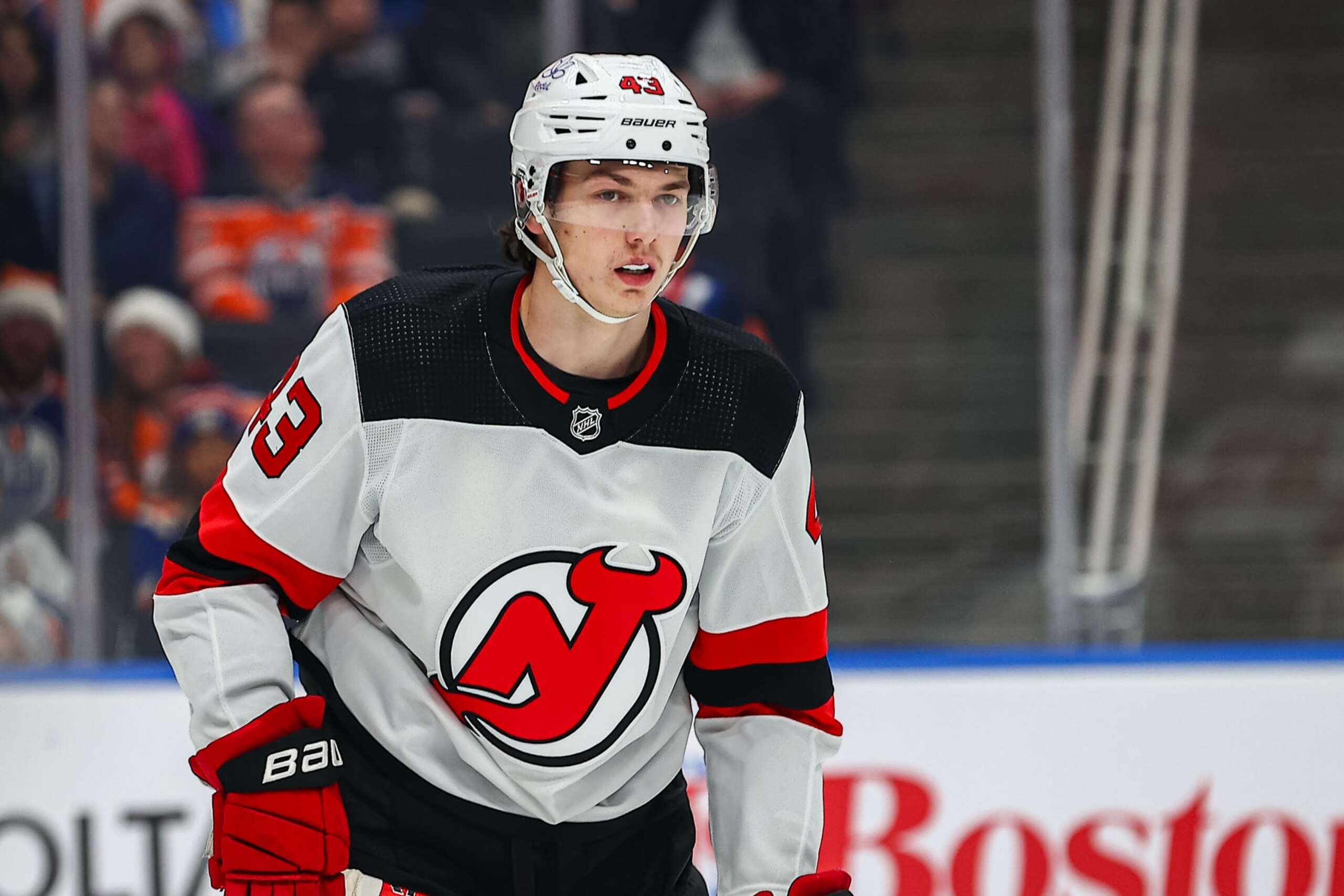 EDMONTON, AB - DECEMBER 10: New Jersey Devils Defenceman Luke Hughes (43) in action in the first period of the Edmonton Oilers game versus the New Jersey Devils on December 10, 2023 at Rogers Place in Edmonton, AB. (Photo by Curtis Comeau/Icon Sportswire via Getty Images)
