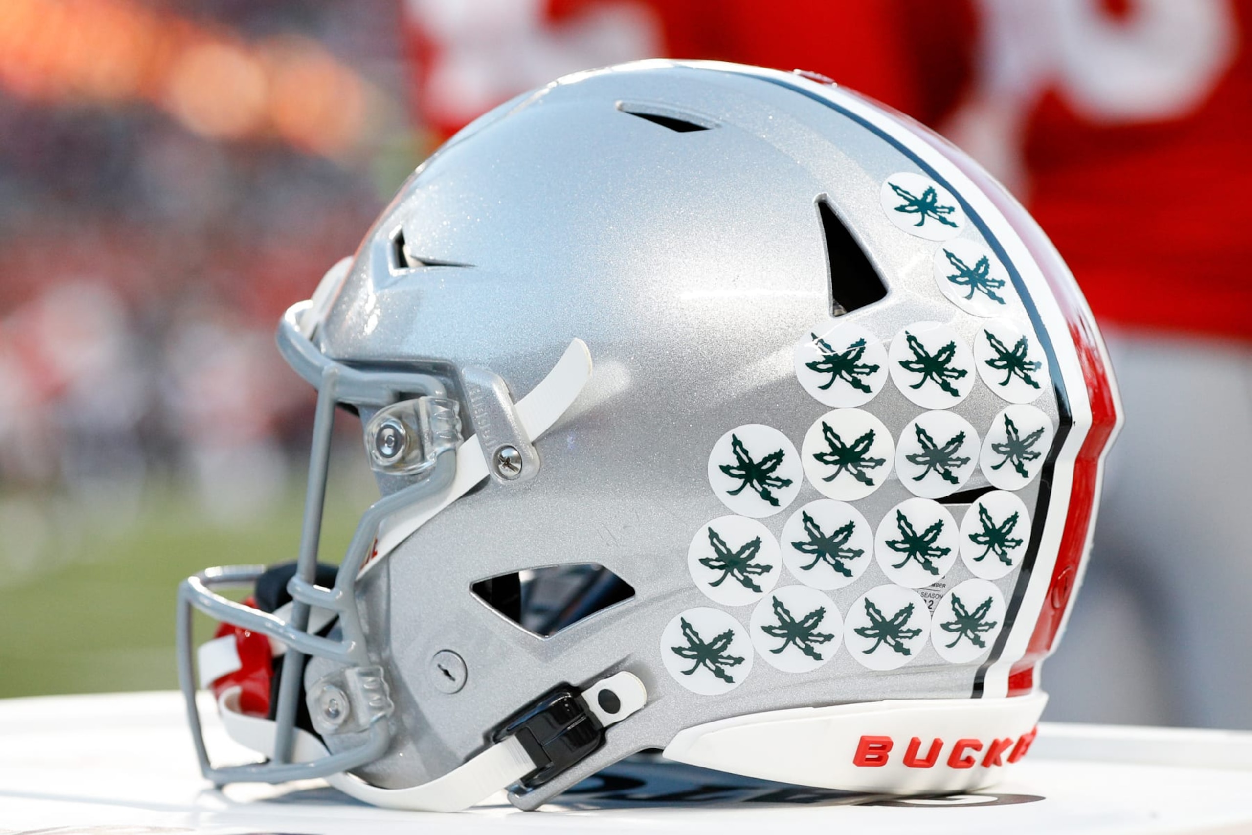 COLUMBUS, OH - NOVEMBER 18: A Ohio State Buckeyes helmet sits on the sideline during the game against the Minnesota Gophers and the Ohio State Buckeyes on November 18, 2023, at Ohio Stadium in Columbus, OH. (Photo by Ian Johnson/Icon Sportswire via Getty Images)