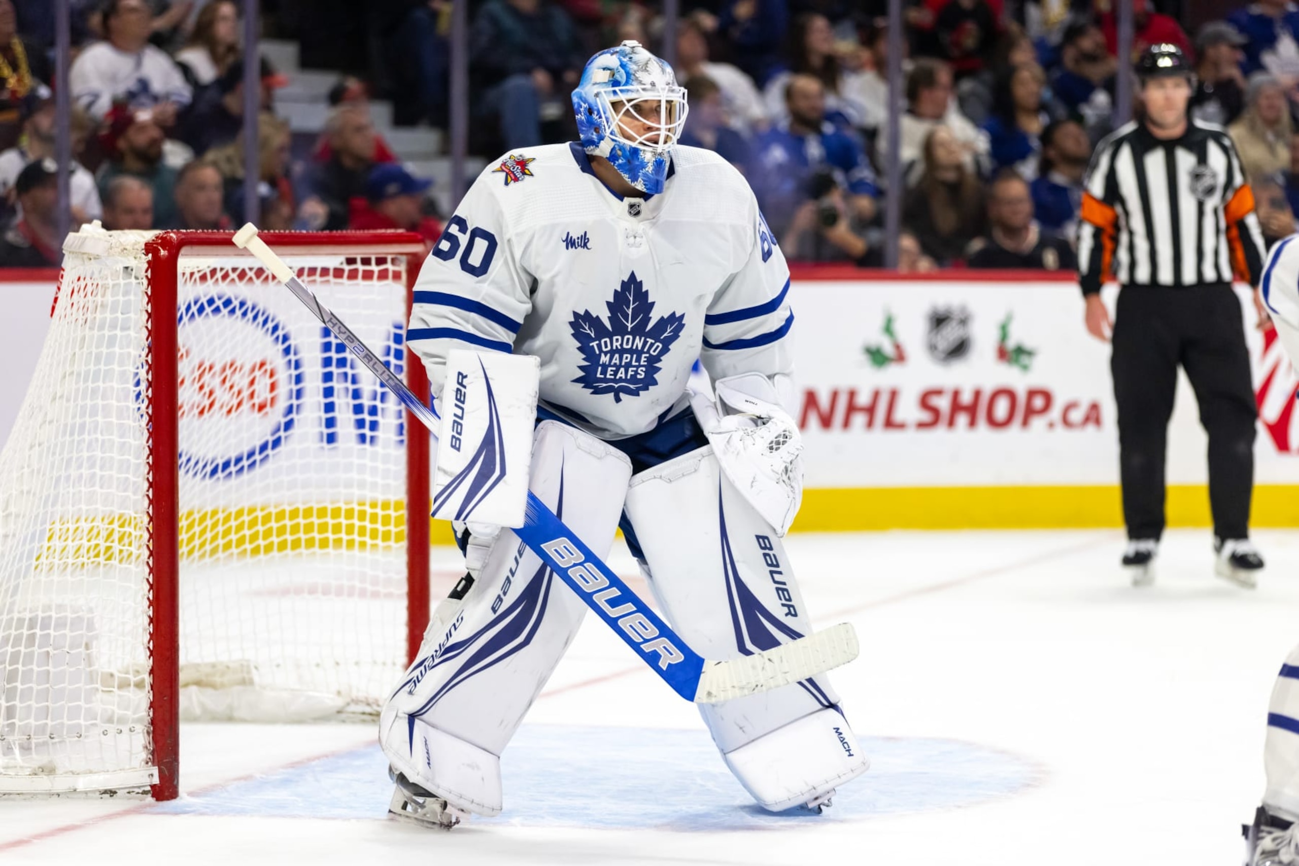 OTTAWA, ON - DECEMBER 07: Toronto Maple Leafs Goalie Joseph Woll (60) before a face-off during second period National Hockey League action between the Toronto Maple Leafs and Ottawa Senators on December 7, 2023, at Canadian Tire Centre in Ottawa, ON, Canada. (Photo by Richard A. Whittaker/Icon Sportswire via Getty Images)