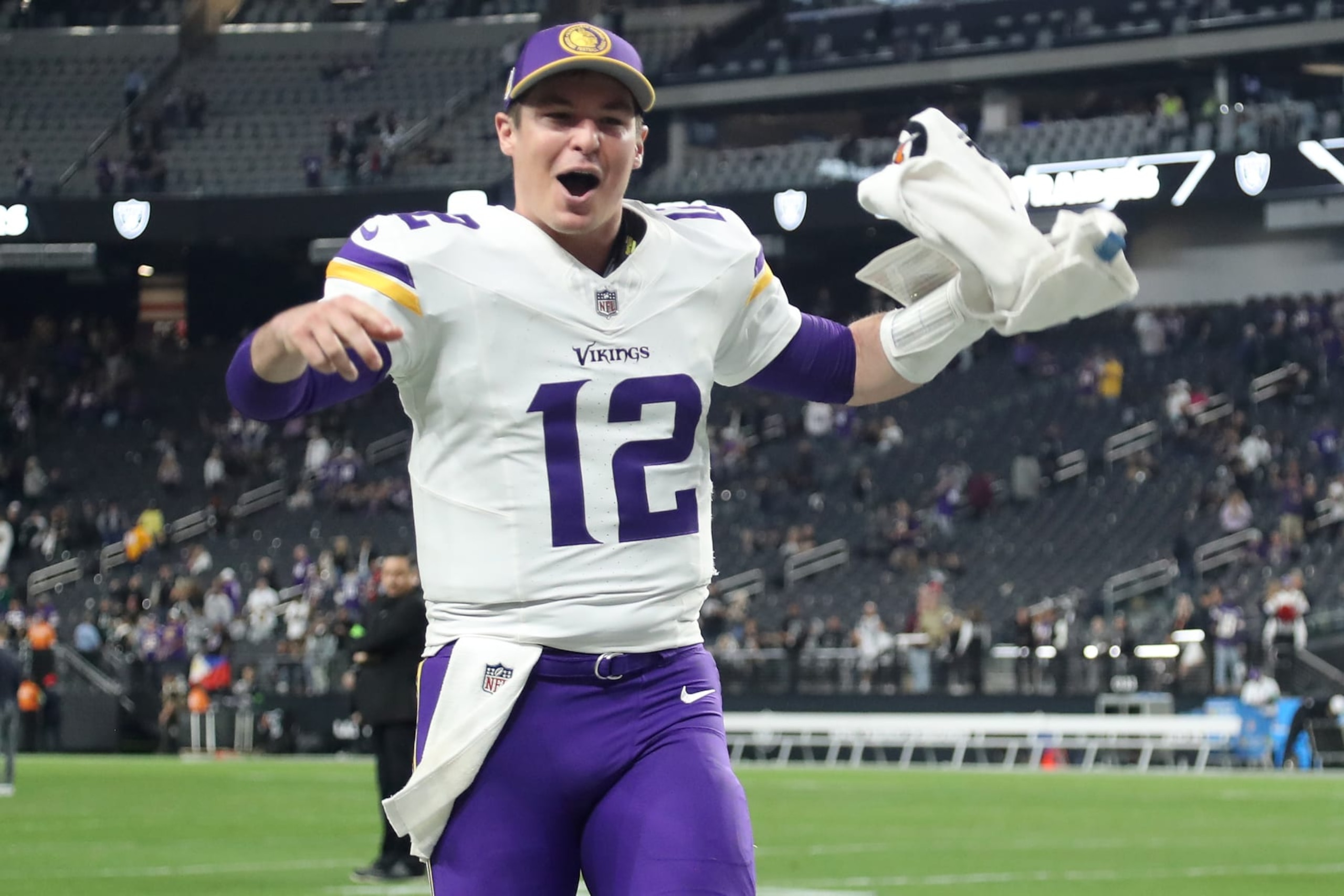LAS VEGAS, NEVADA - DECEMBER 10: Nick Mullens #12 of the Minnesota Vikings reacts after the game against the Las Vegas Raiders at Allegiant Stadium on December 10, 2023 in Las Vegas, Nevada. (Photo by Ian Maule/Getty Images) LAS VEGAS, NEVADA - DECEMBER 10: Nick Mullens #12 of the Minnesota Vikings reacts after the game against the Las Vegas Raiders at Allegiant Stadium on December 10, 2023 in Las Vegas, Nevada. (Photo by Ian Maule/Getty Images)