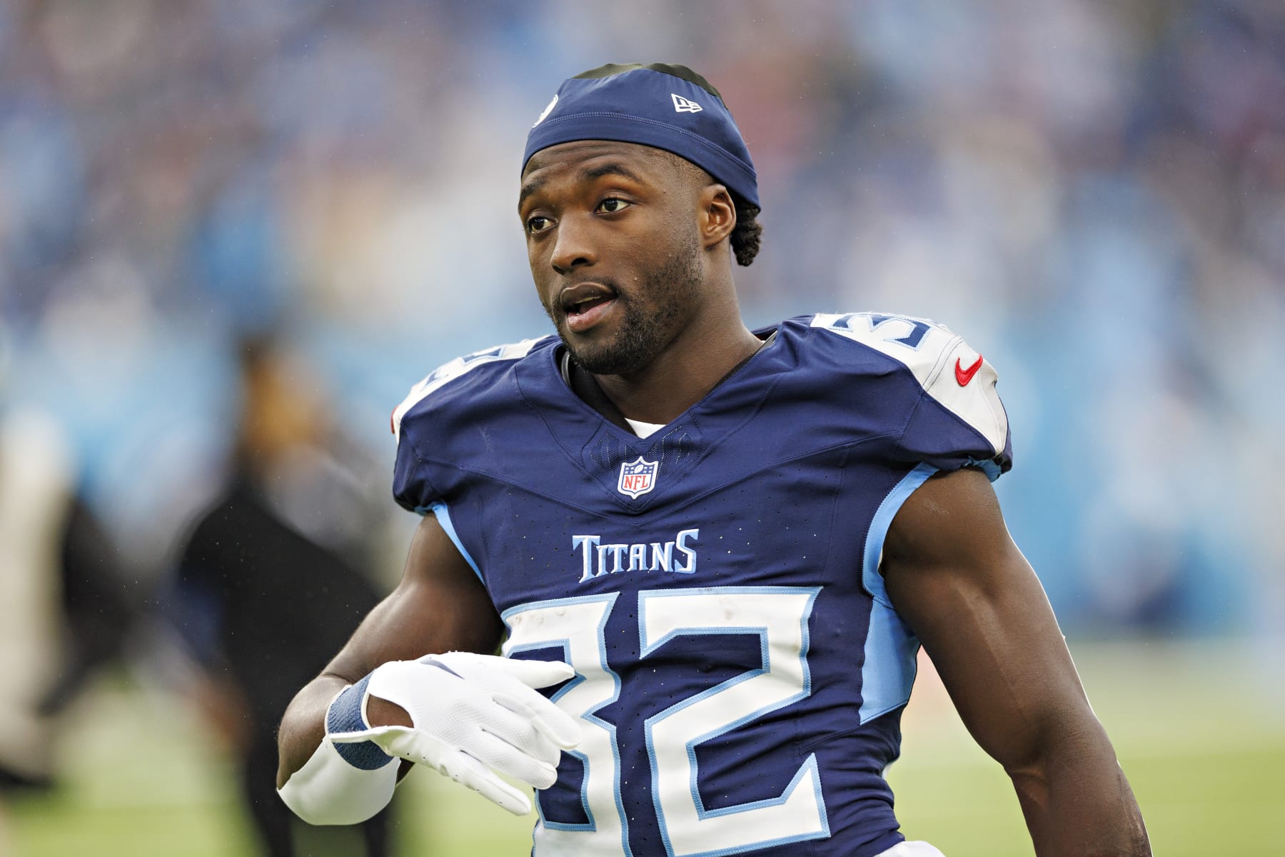 NASHVILLE, TENNESSEE - NOVEMBER 26: Tyjae Spears #32 of the Tennessee Titans on the sidelines during the game against the Carolina Panthers at Nissan Stadium on November 26, 2023 in Nashville, Tennessee. The Titans defeated the Panthers 17-10.  (Photo by Wesley Hitt/Getty Images)