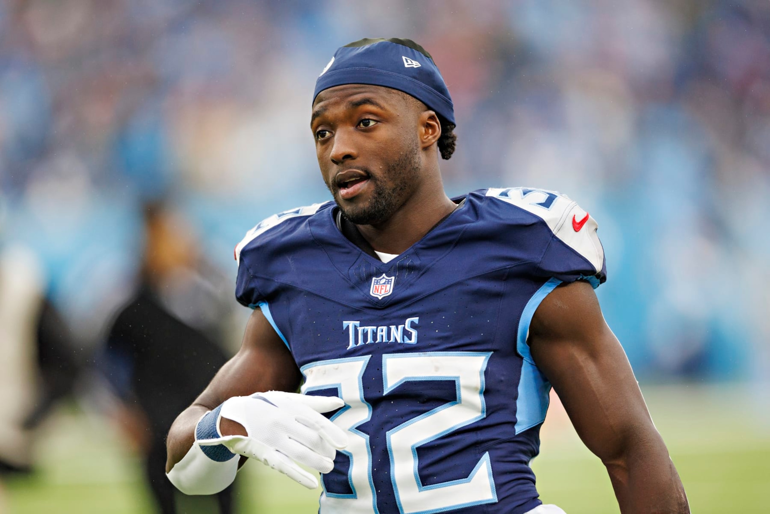 NASHVILLE, TENNESSEE - NOVEMBER 26: Tyjae Spears #32 of the Tennessee Titans on the sidelines during the game against the Carolina Panthers at Nissan Stadium on November 26, 2023 in Nashville, Tennessee. The Titans defeated the Panthers 17-10. (Photo by Wesley Hitt/Getty Images) NASHVILLE, TENNESSEE - NOVEMBER 26: Tyjae Spears #32 of the Tennessee Titans on the sidelines during the game against the Carolina Panthers at Nissan Stadium on November 26, 2023 in Nashville, Tennessee. The Titans defeated the Panthers 17-10. (Photo by Wesley Hitt/Getty Images)