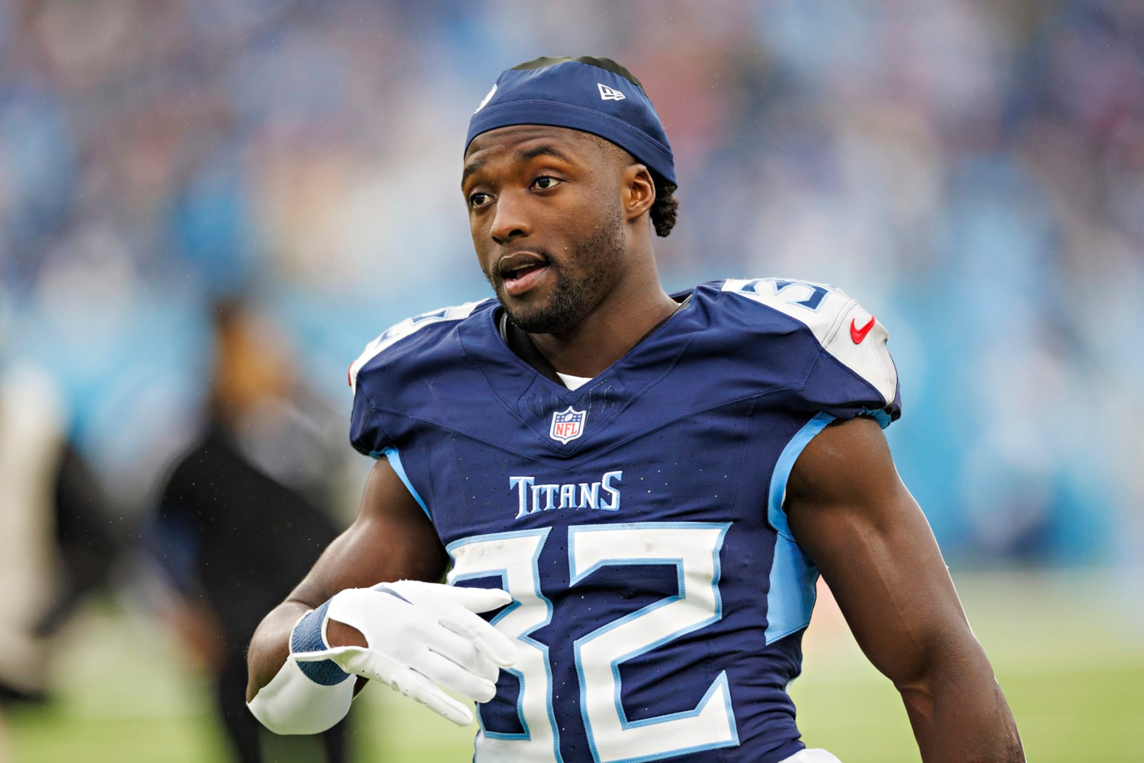 NASHVILLE, TENNESSEE - NOVEMBER 26: Tyjae Spears #32 of the Tennessee Titans on the sidelines during the game against the Carolina Panthers at Nissan Stadium on November 26, 2023 in Nashville, Tennessee. The Titans defeated the Panthers 17-10.  (Photo by Wesley Hitt/Getty Images)