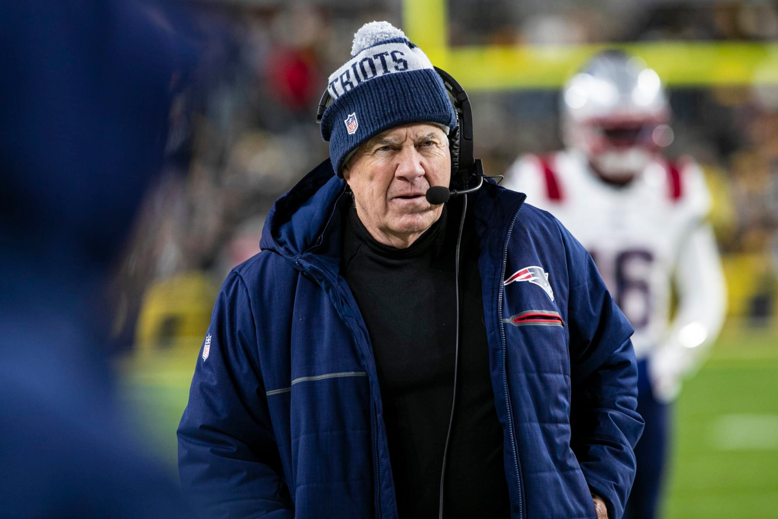 PITTSBURGH, PA - DECEMBER 07: New England Patriots head coach Bill Belichick looks on during the regular season NFL football game between the New England Patriots and Pittsburgh Steelers on December 07, 2023 at Acrisure Stadium in Pittsburgh, PA. (Photo by Mark Alberti/Icon Sportswire via Getty Images)