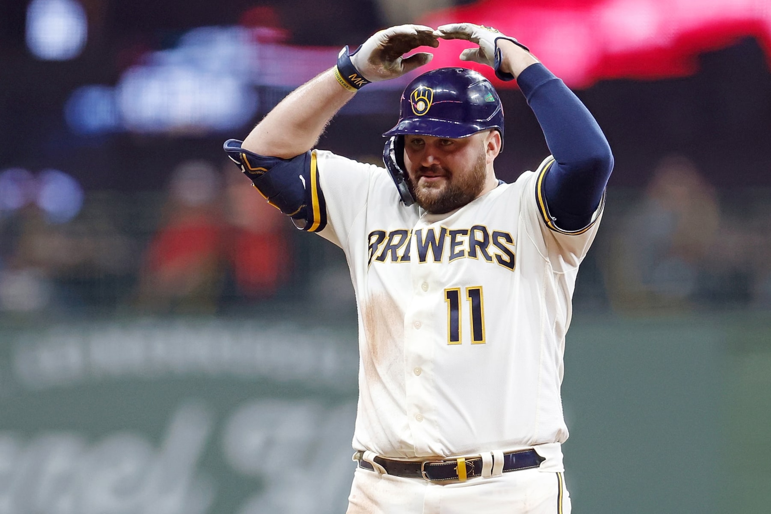MILWAUKEE, WISCONSIN - SEPTEMBER 27: Rowdy Tellez #11 of the Milwaukee Brewers gestures after hitting a double in the fourth inning against the St. Louis Cardinals at American Family Field on September 27, 2023 in Milwaukee, Wisconsin. (Photo by John Fisher/Getty Images) MILWAUKEE, WISCONSIN - SEPTEMBER 27: Rowdy Tellez #11 of the Milwaukee Brewers gestures after hitting a double in the fourth inning against the St. Louis Cardinals at American Family Field on September 27, 2023 in Milwaukee, Wisconsin. (Photo by John Fisher/Getty Images)