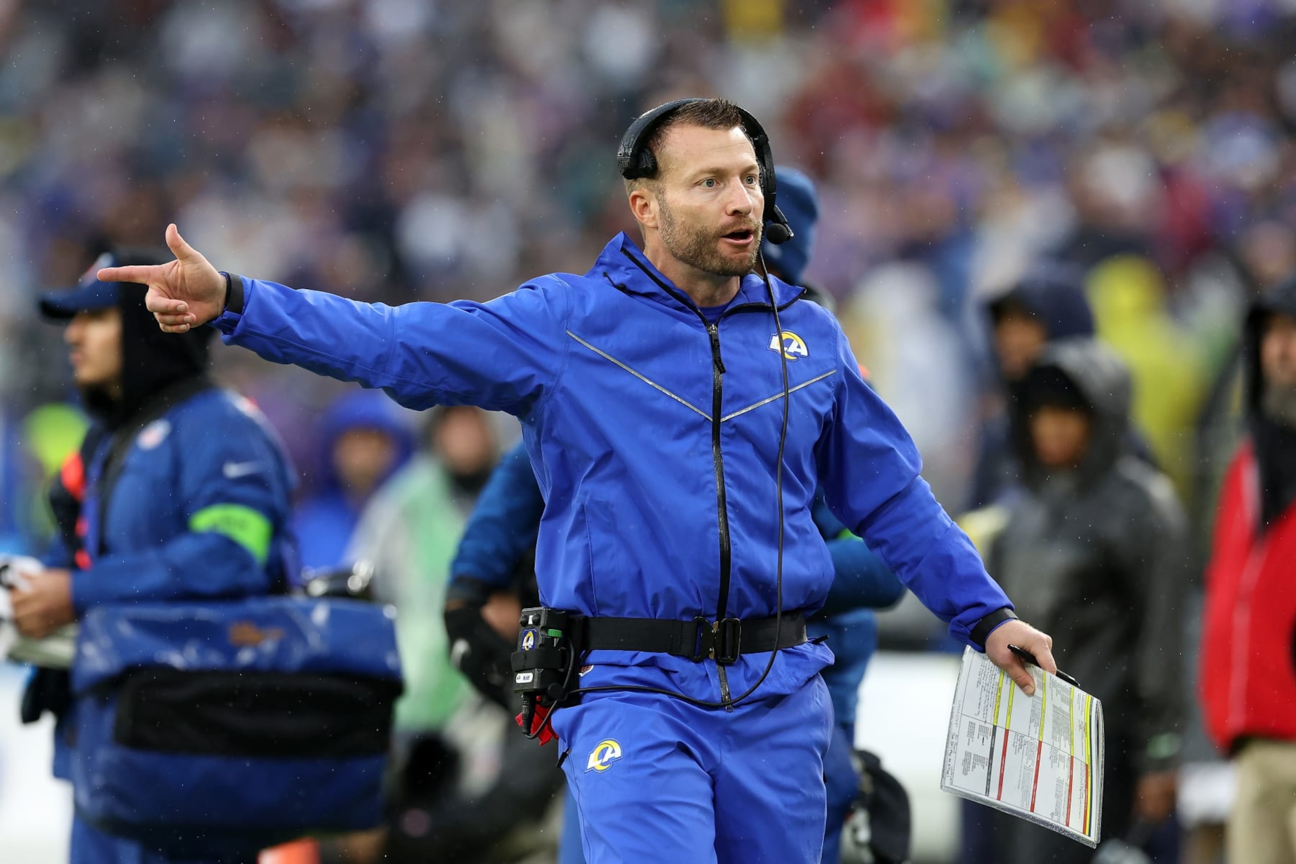 BALTIMORE, MARYLAND - DECEMBER 10: Head coach Sean McVay of the Los Angeles Rams reacts during the second half \gabr at M&T Bank Stadium on December 10, 2023 in Baltimore, Maryland. (Photo by Rob Carr/Getty Images)