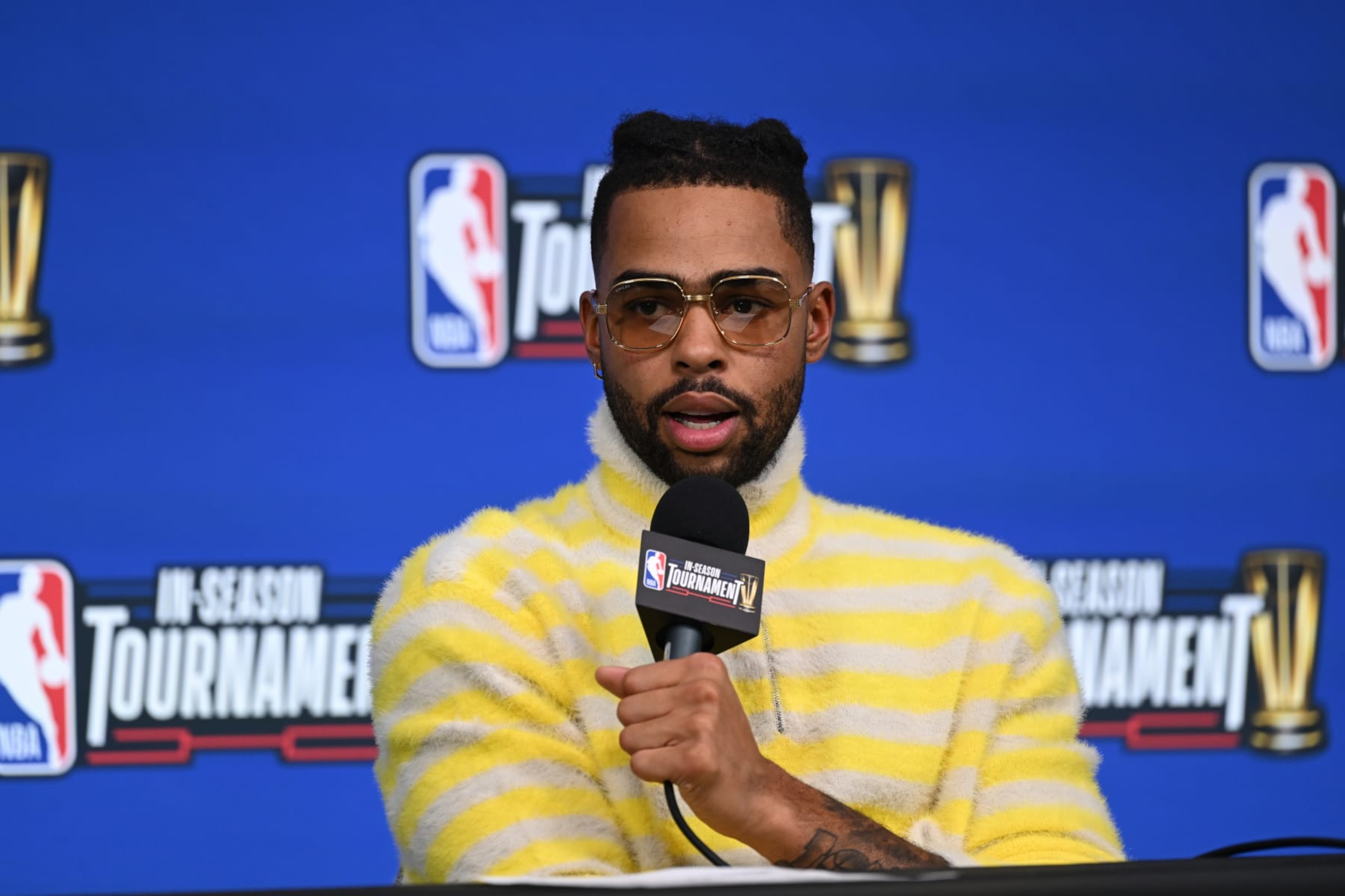 LAS VEGAS, NEVADA - DECEMBER 7: Player D'Angelo Russell (1) of Los Angeles Lakers speaks at the press conference after the NBA In-Season Tournament Semifinals game between Los Angeles Lakers and New Orleans Pelicans at the T-Mobile Arena in Las Vegas, Nevada, United States on December 7, 2023. (Photo by Tayfun Coskun/Anadolu via Getty Images) LAS VEGAS, NEVADA - DECEMBER 7: Player D'Angelo Russell (1) of Los Angeles Lakers speaks at the press conference after the NBA In-Season Tournament Semifinals game between Los Angeles Lakers and New Orleans Pelicans at the T-Mobile Arena in Las Vegas, Nevada, United States on December 7, 2023. (Photo by Tayfun Coskun/Anadolu via Getty Images)