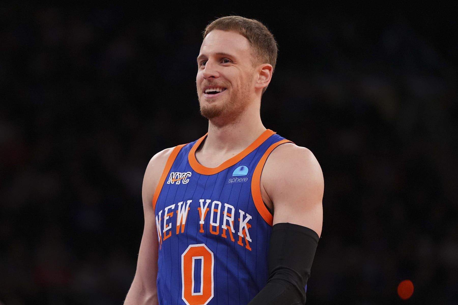NEW YORK, NEW YORK - NOVEMBER 24: Donte DiVincenzo #0 of the New York Knicks reacts against the Miami Heat in the fourth quarter during the NBA In-Season Tournament at Madison Square Garden on November 24, 2023 in New York City. The New York Knicks defeated the Miami Heat 100-98. NOTE TO USER: User expressly acknowledges and agrees that, by downloading and or using this photograph, User is consenting to the terms and conditions of the Getty Images License Agreement. (Photo by Mitchell Leff/Getty Images)