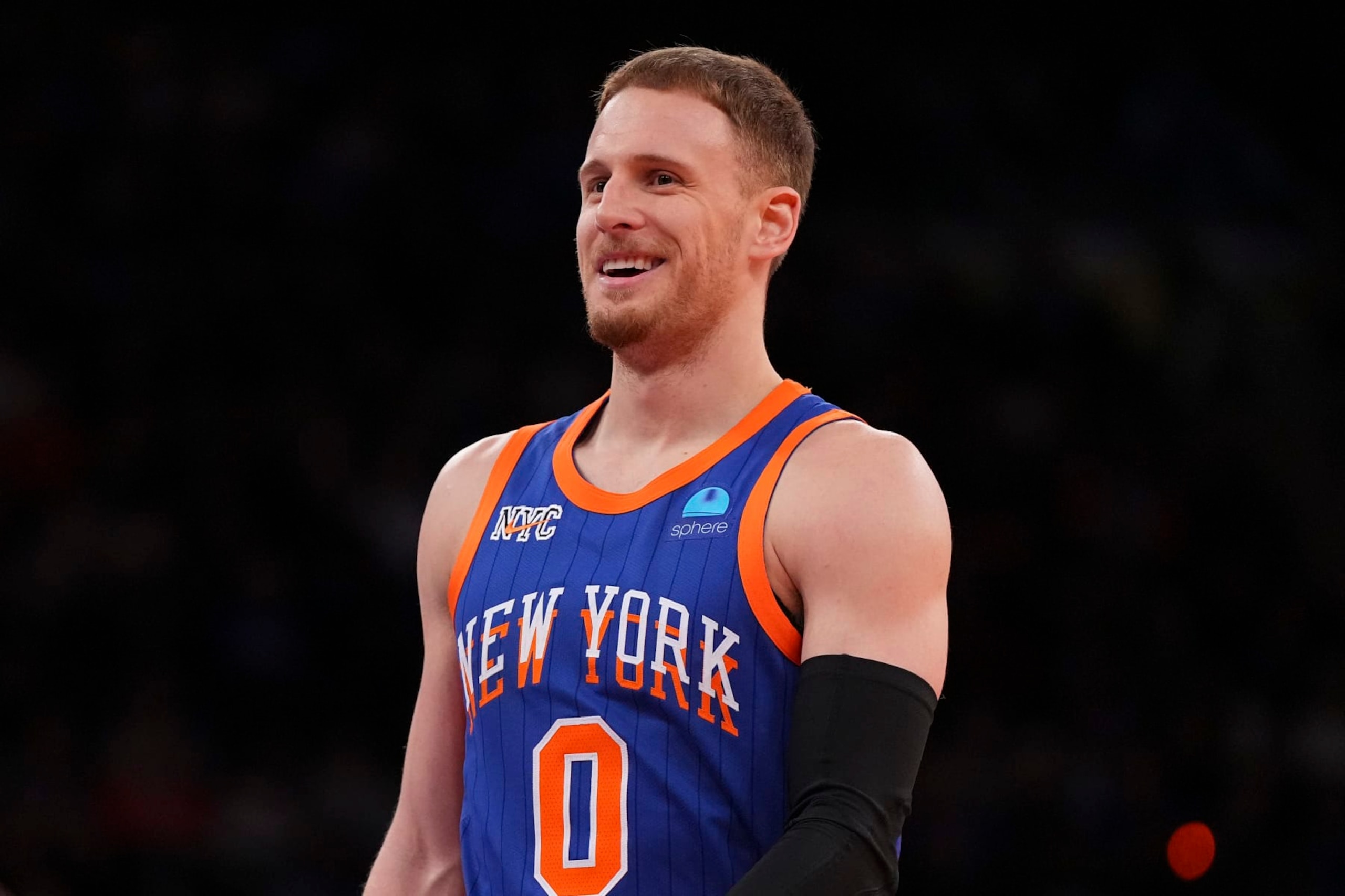 NEW YORK, NEW YORK - NOVEMBER 24: Donte DiVincenzo #0 of the New York Knicks reacts against the Miami Heat in the fourth quarter during the NBA In-Season Tournament at Madison Square Garden on November 24, 2023 in New York City. The New York Knicks defeated the Miami Heat 100-98. NOTE TO USER: User expressly acknowledges and agrees that, by downloading and or using this photograph, User is consenting to the terms and conditions of the Getty Images License Agreement. (Photo by Mitchell Leff/Getty Images)