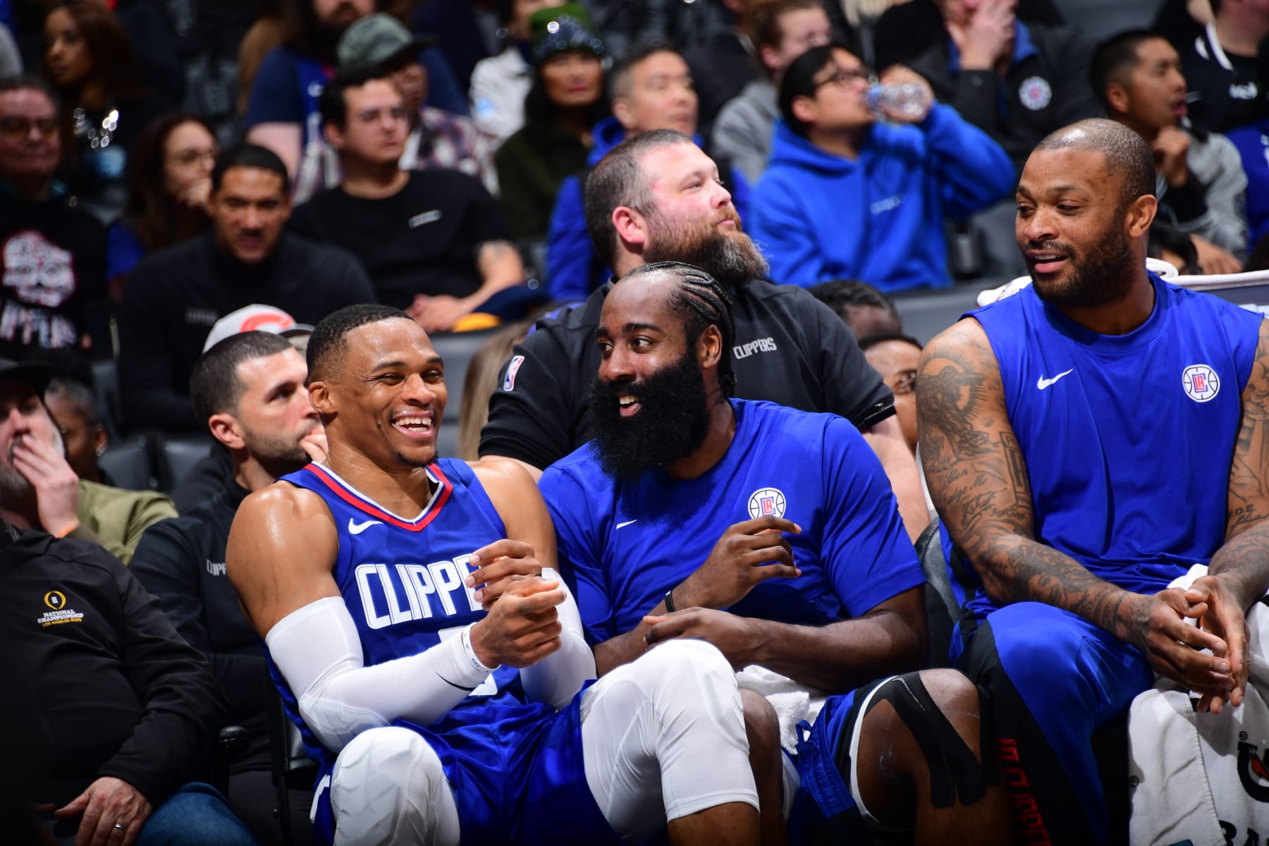 LOS ANGELES, CA - DECEMBER 12: Russell Westbrook #0 of the LA Clippers; James Harden #1 of the LA Clippers and PJ Tucker #17 of the LA Clippers laugh during the game against the Sacramento Kings on December 12, 2023 at Crypto.Com Arena in Los Angeles, California. NOTE TO USER: User expressly acknowledges and agrees that, by downloading and/or using this Photograph, user is consenting to the terms and conditions of the Getty Images License Agreement. Mandatory Copyright Notice: Copyright 2023 NBAE (Photo by Adam Pantozzi/NBAE via Getty Images)