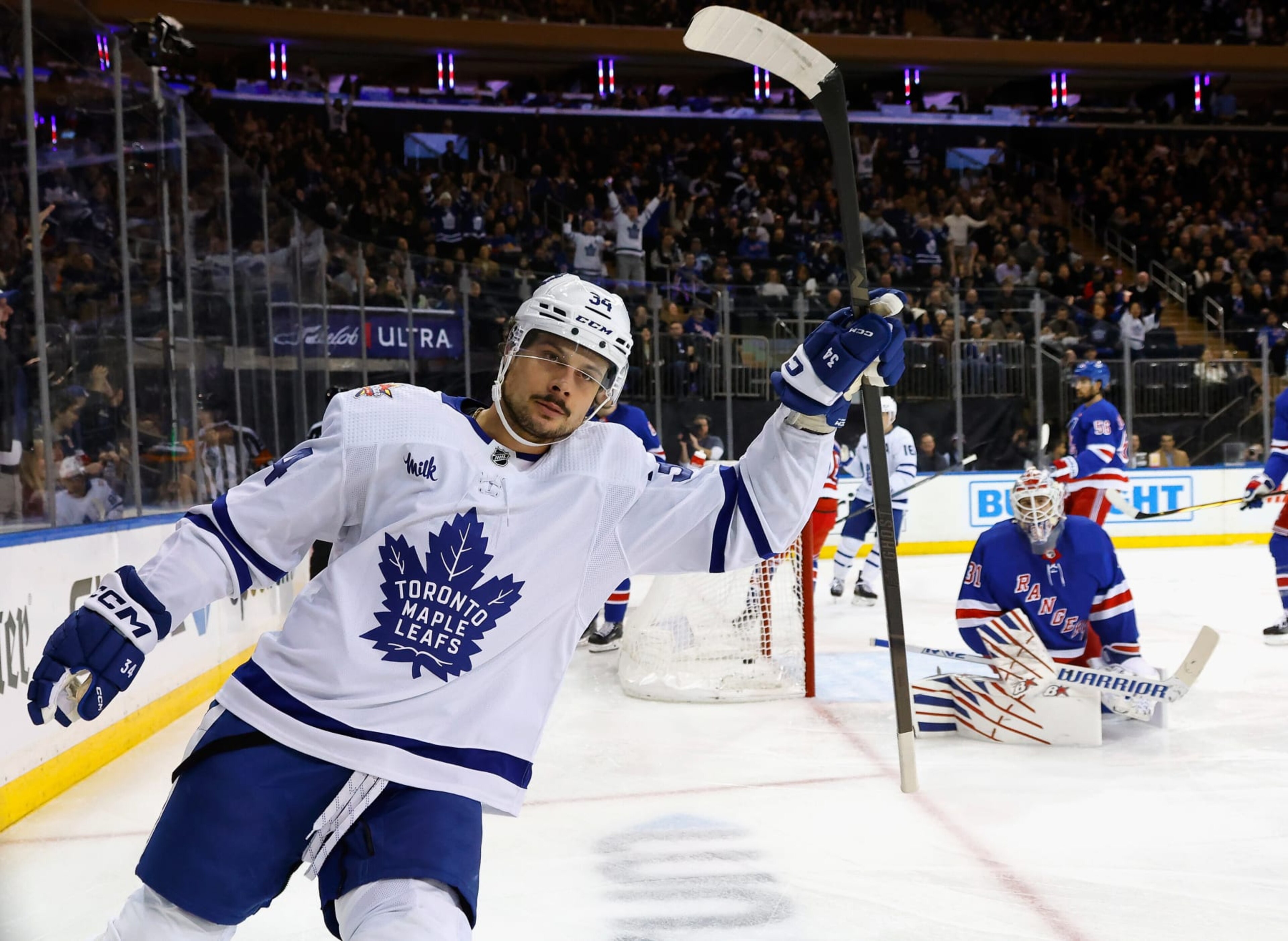 NEW YORK, NEW YORK - DECEMBER 12: Auston Matthews #34 of the Toronto Maple Leafs scores at 3:52 of the first period against Igor Shesterkin #31 of the New York Rangers at Madison Square Garden on December 12, 2023 in New York City. (Photo by Bruce Bennett/Getty Images) NEW YORK, NEW YORK - DECEMBER 12: Auston Matthews #34 of the Toronto Maple Leafs scores at 3:52 of the first period against Igor Shesterkin #31 of the New York Rangers at Madison Square Garden on December 12, 2023 in New York City. (Photo by Bruce Bennett/Getty Images)