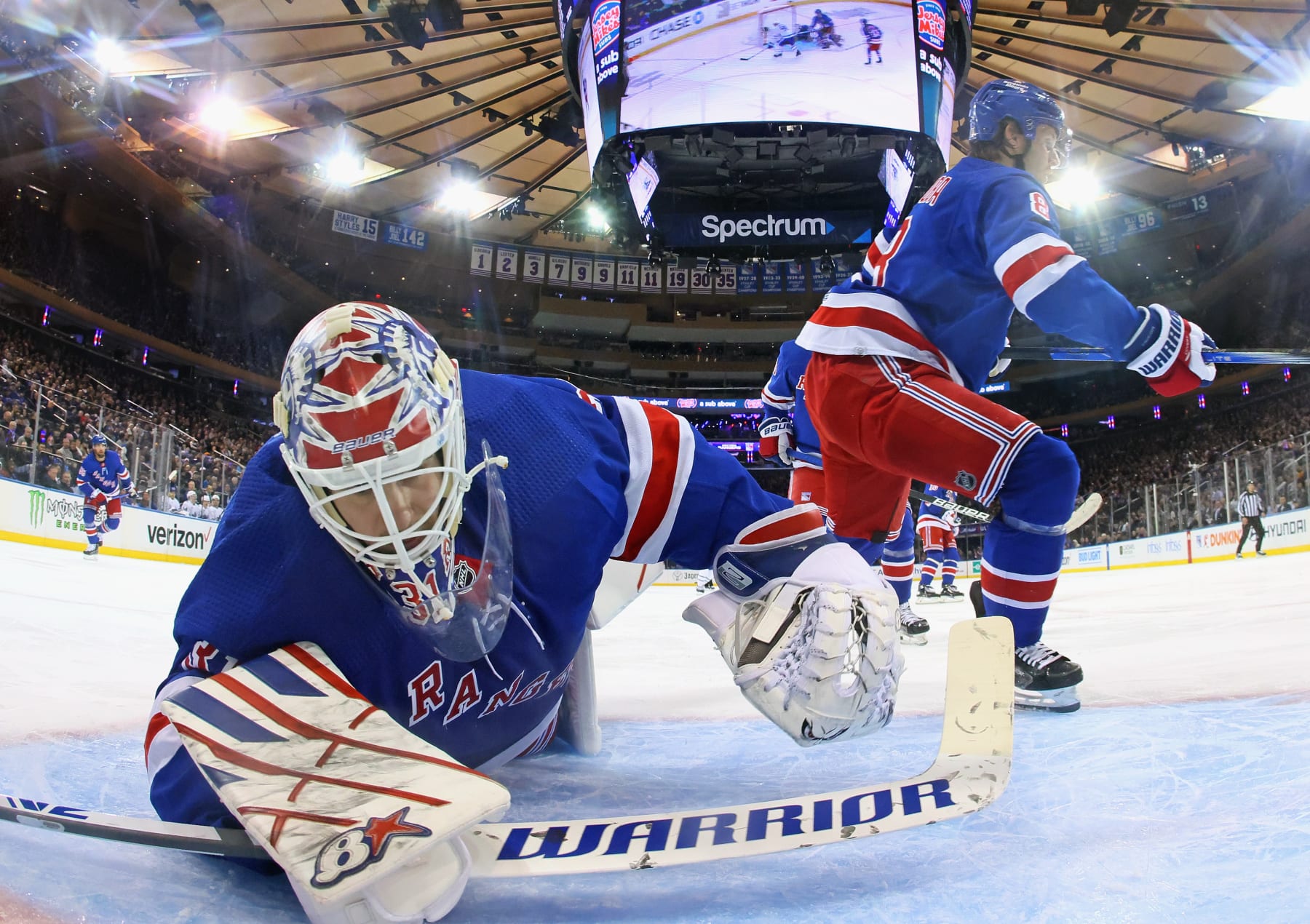 NEW YORK, NEW YORK - DECEMBER 12: Igor Shesterkin #31 of the New York Rangers hits the ice during the second period against the Toronto Maple Leafs at Madison Square Garden on December 12, 2023 in New York City. The Leafs defeated the Rangers 7-3. (Photo by Bruce Bennett/Getty Images)
