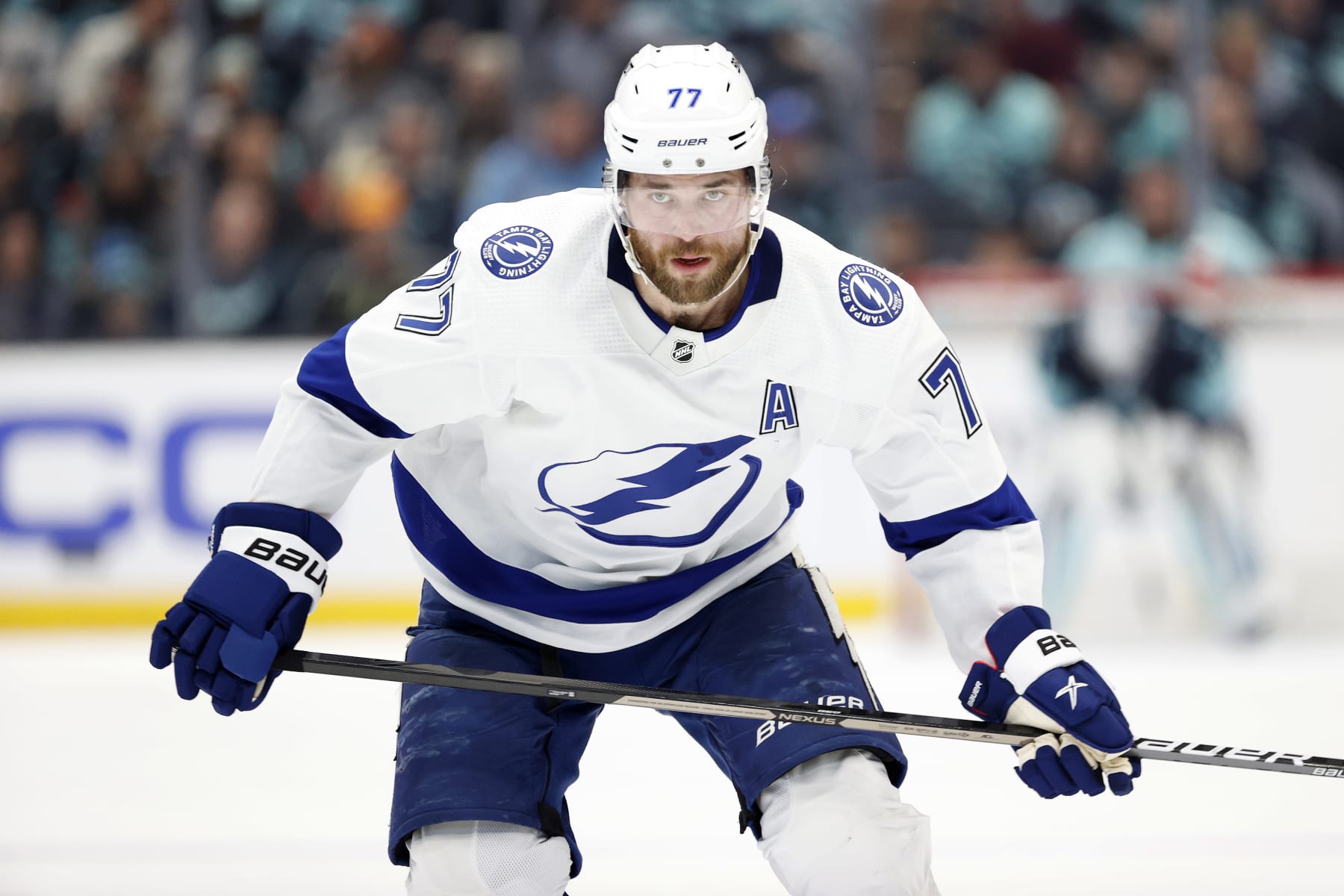 SEATTLE, WASHINGTON - JANUARY 16: Victor Hedman #77 of the Tampa Bay Lightning skates against the Seattle Kraken during the second period at Climate Pledge Arena on January 16, 2023 in Seattle, Washington. (Photo by Steph Chambers/Getty Images)